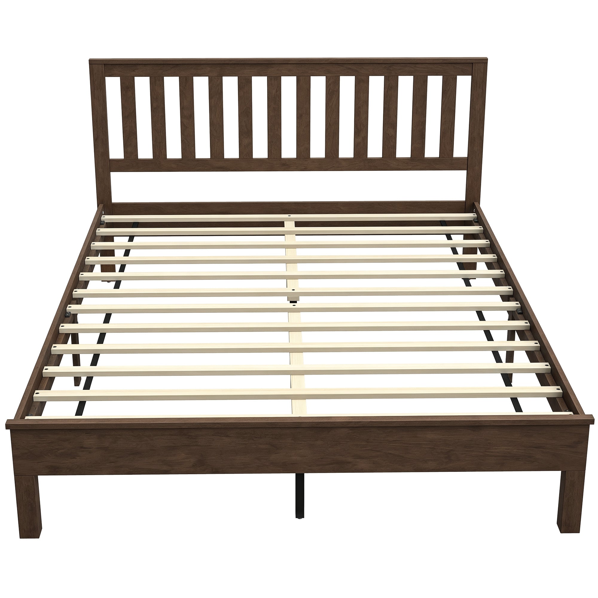 Queen Size Wood Platform Bed Frame with Headboard and Footboard, Mid-Century Bed Frame with Slat Support, Mattress Foundation with Under-Bed Storage, No Box Spring Needed, Easy Assembly, Walnut