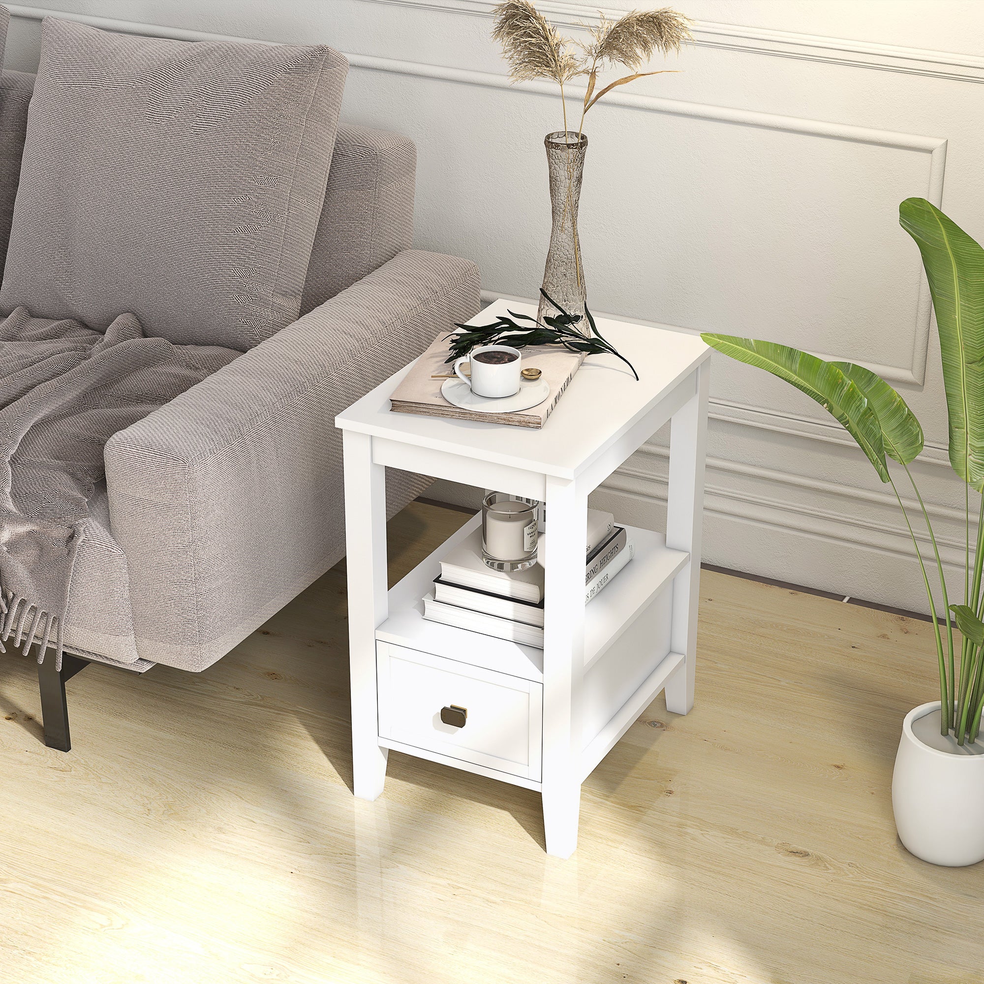 HOMCOM End Table, Sofa Side Table with Drawer and Shelf, Modern Nightstand for Bedroom, Living Room, White