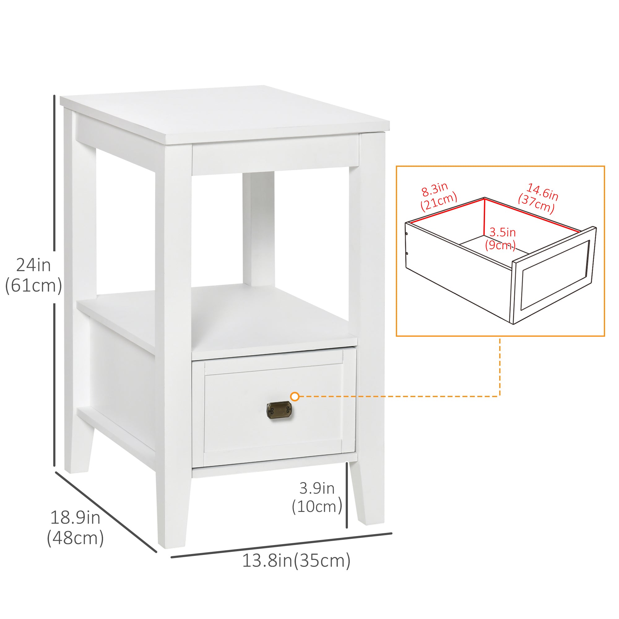 HOMCOM End Table, Sofa Side Table with Drawer and Shelf, Modern Nightstand for Bedroom, Living Room, White