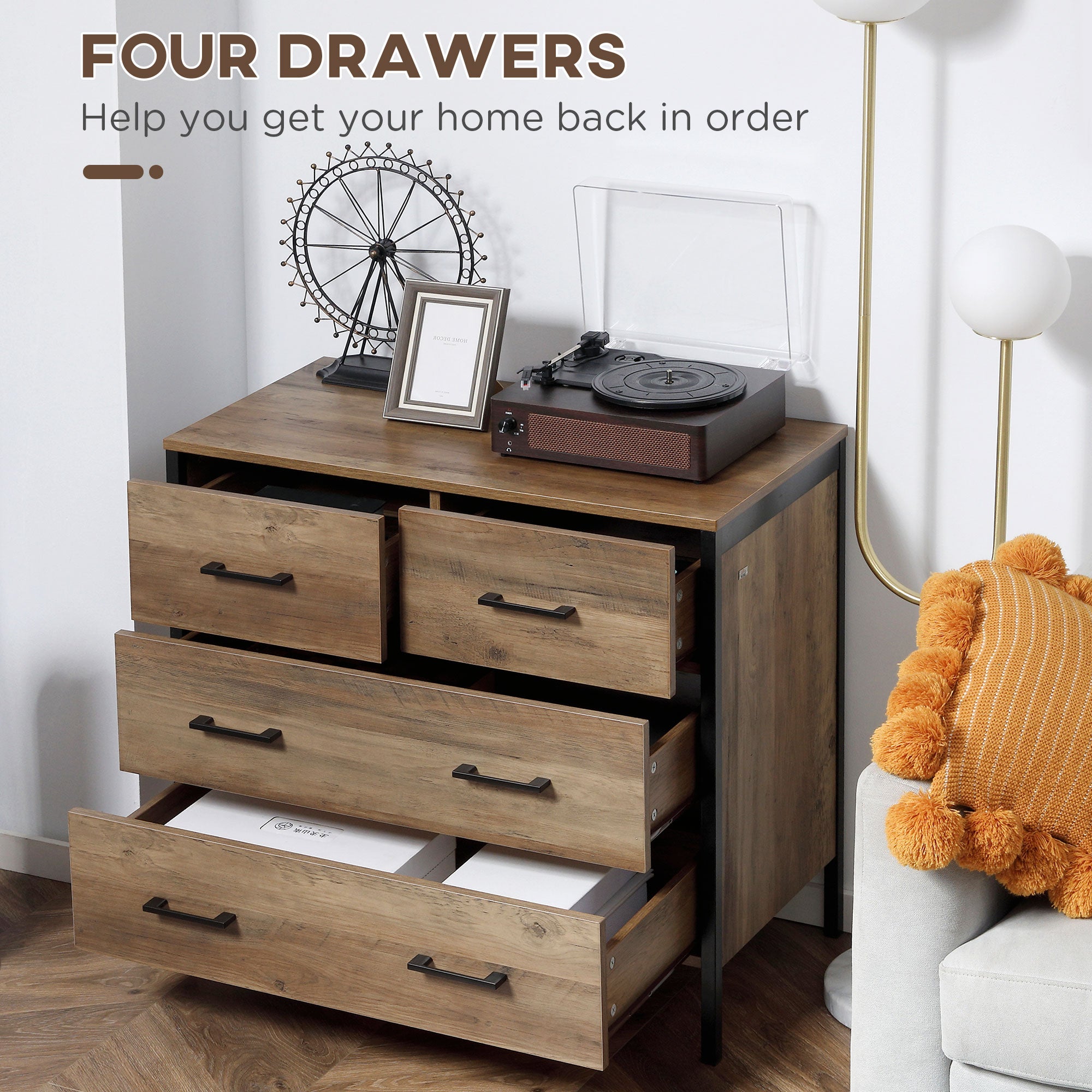HOMCOM 4 Drawer Dresser, Chest of Drawers with Metal Frame and Handles for Bedroom, Brown