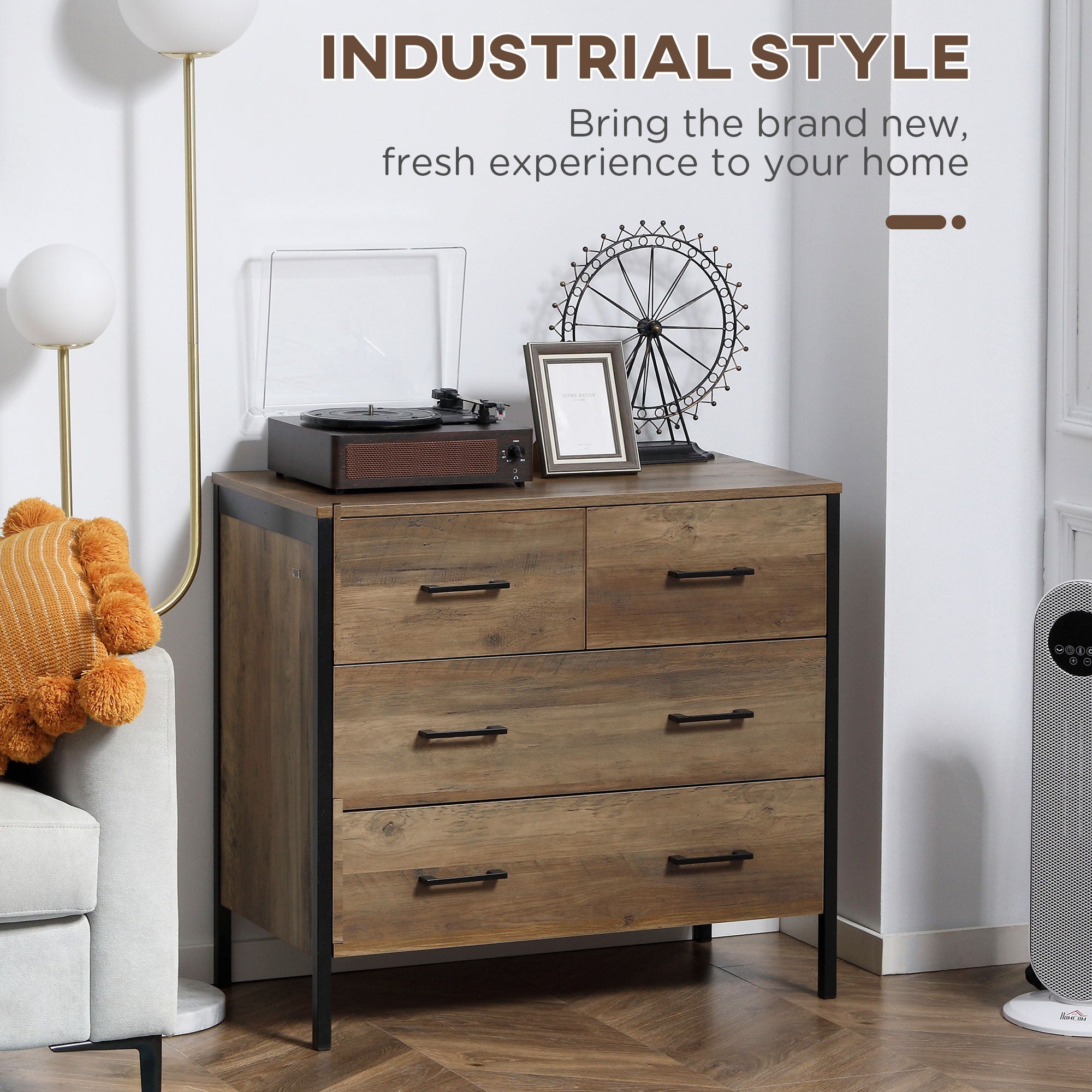 HOMCOM 4 Drawer Dresser, Chest of Drawers with Metal Frame and Handles for Bedroom, Brown