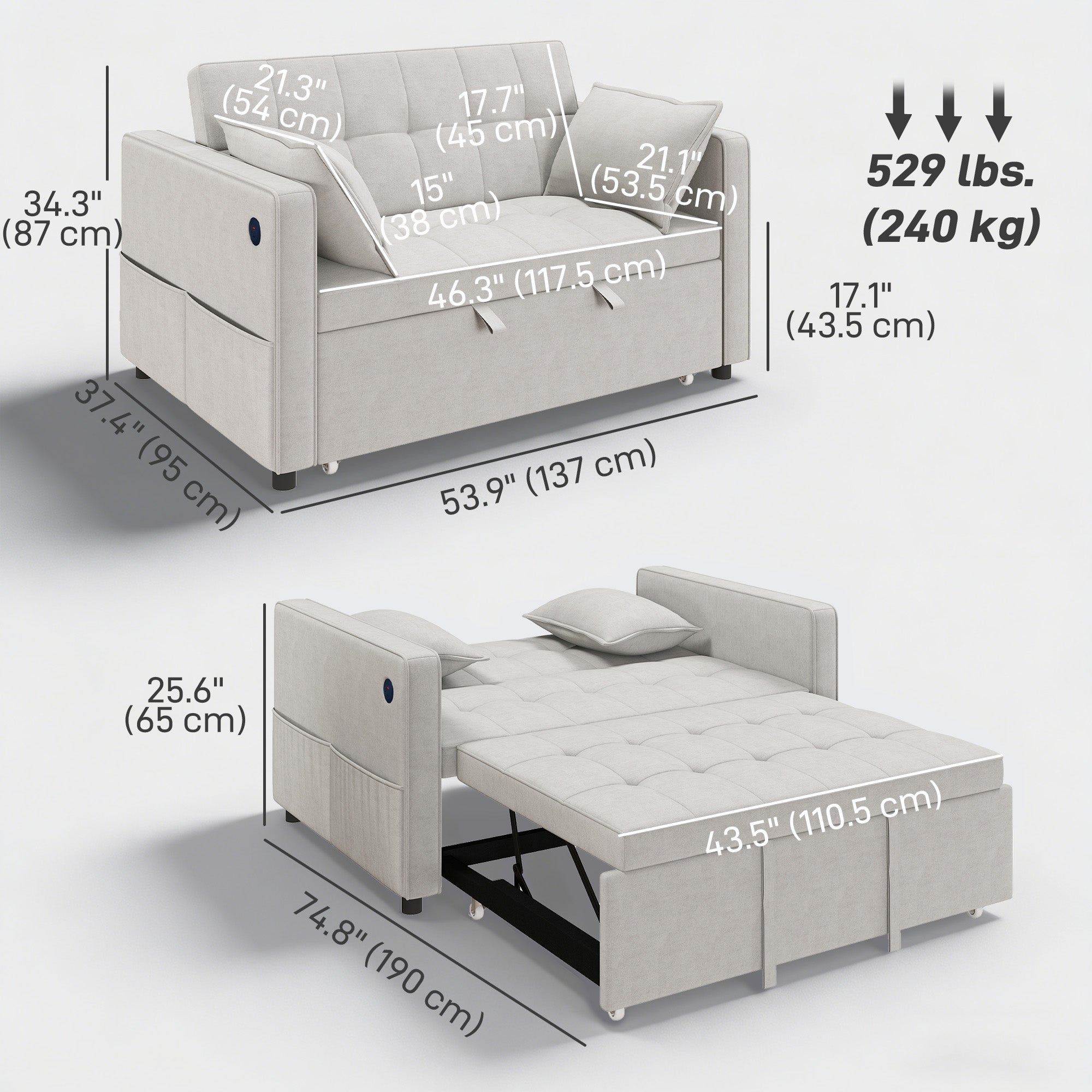 3‑in‑1 Convertible Sofa Bed, Pull Out Sleeper Sofa with USB Charging, Adjustable Backrest, Side Pockets, Sleeper Couch for Living Room, Small Space, Apartment, Beige