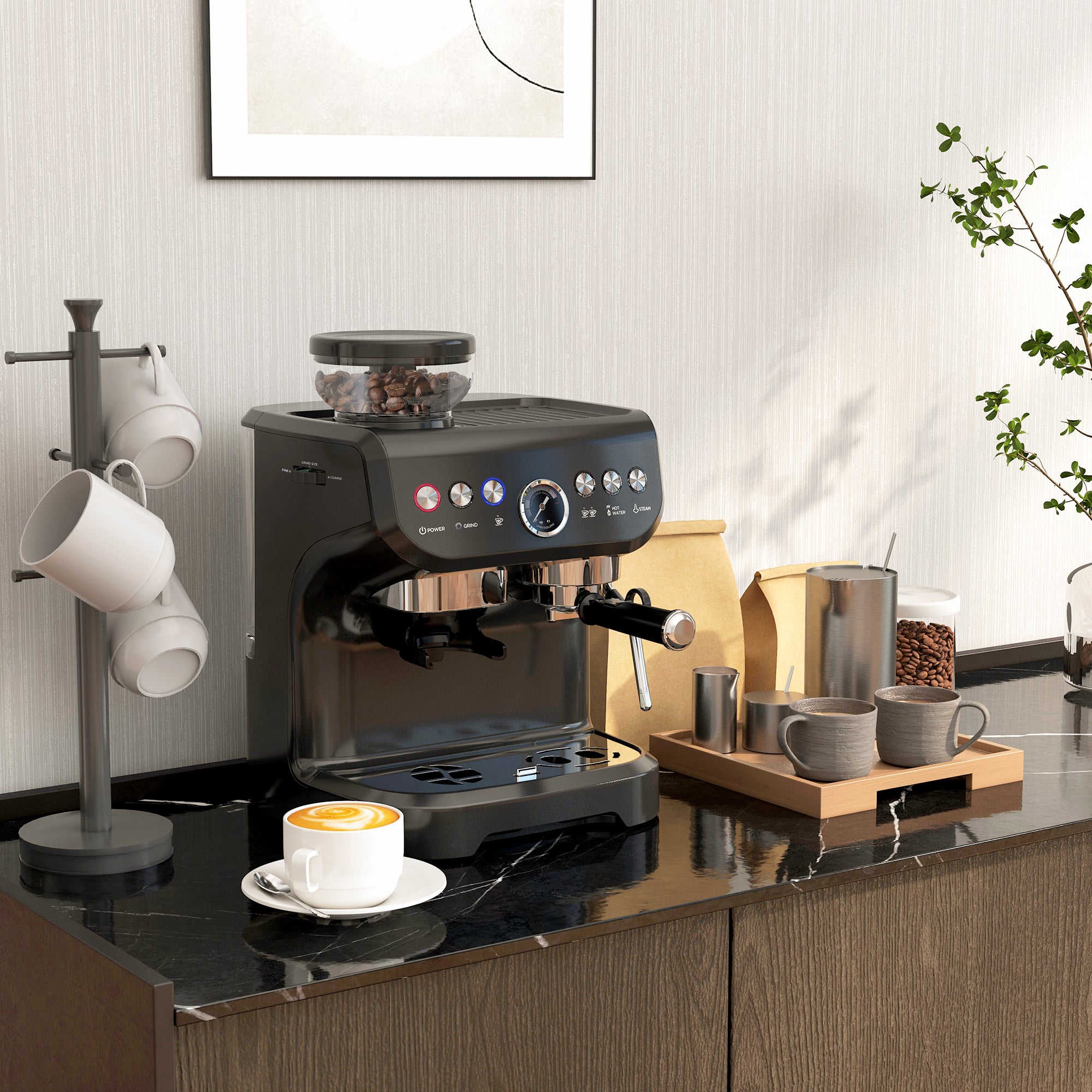 Espresso Machine 15 Bar, Coffee Maker with Milk Frother, Fast Heating, Adjustable Temp, Grinder, Removable Water Tank for Barista Level, Espresso, Latte, Cappuccino, Black