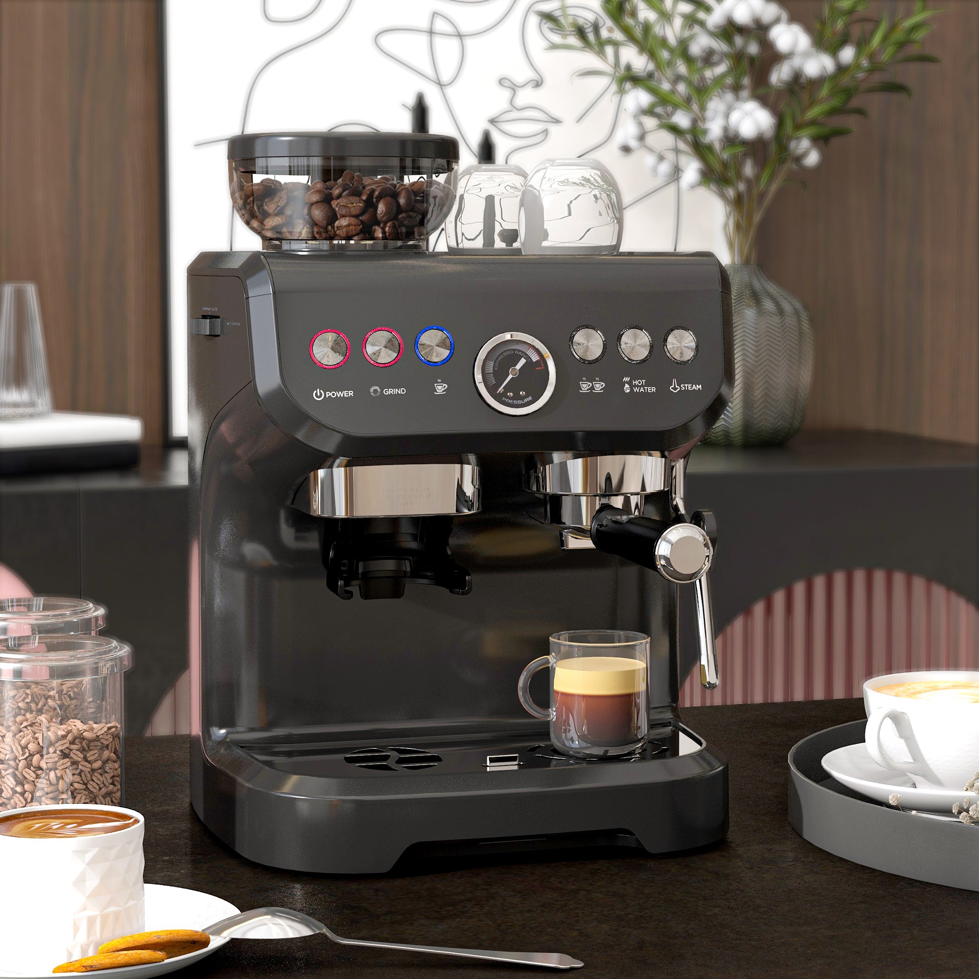 Espresso Machine 15 Bar, Coffee Maker with Milk Frother, Fast Heating, Adjustable Temp, Grinder, Removable Water Tank for Barista Level, Espresso, Latte, Cappuccino, Black