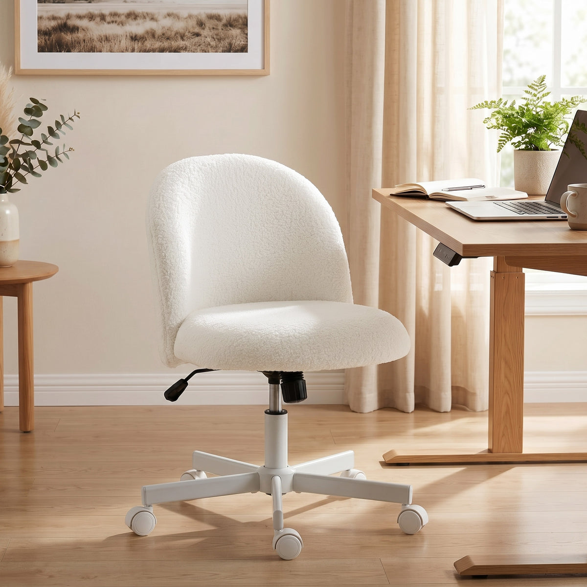 Office Chair, Sherpa Fleece Computer Task Desk Chair, Armless Makeup Vanity Seat with 360° Swivel, Tilt, Adjustable Height, Wheels for Home Office, Study, Cream White
