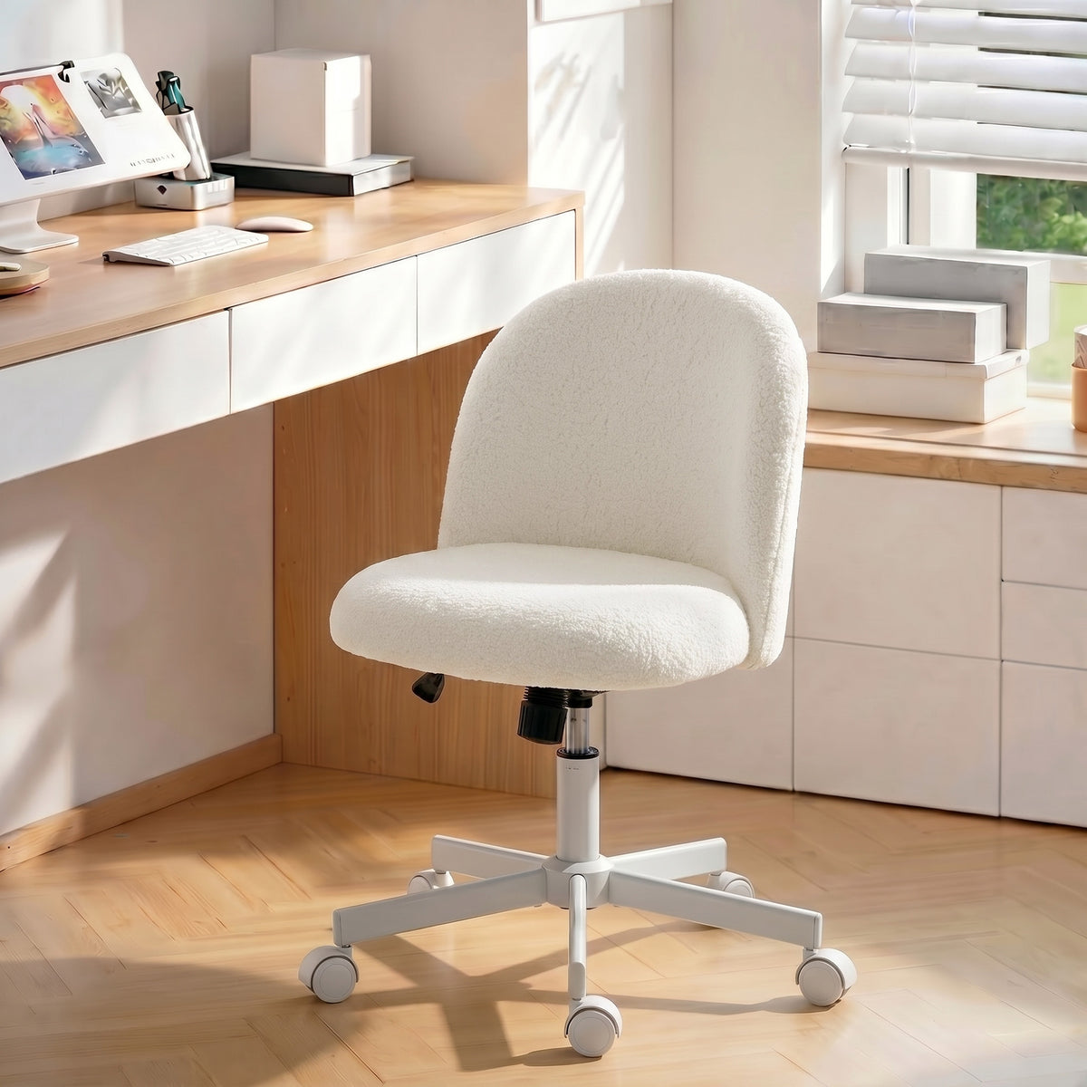 Office Chair, Sherpa Fleece Computer Task Desk Chair, Armless Makeup Vanity Seat with 360° Swivel, Tilt, Adjustable Height, Wheels for Home Office, Study, Cream White