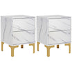 HOMCOM Nightstands Set of 2, Faux Marbled Bedside Tables with 2 Drawers, Modern End Tables with Storage and Gold Metal Legs for Bedroom, White