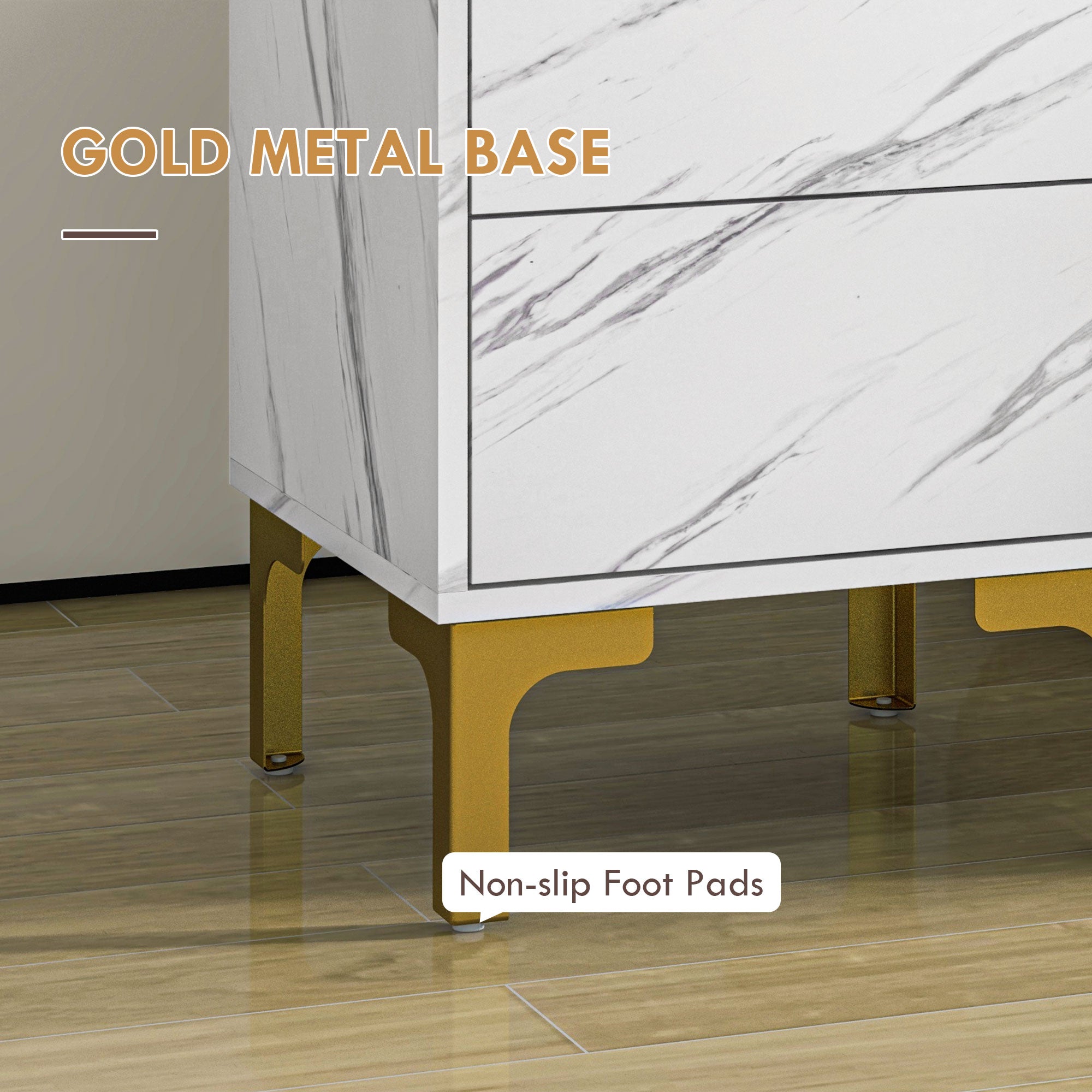 HOMCOM Nightstands Set of 2, Faux Marbled Bedside Tables with 2 Drawers, Modern End Tables with Storage and Gold Metal Legs for Bedroom, White