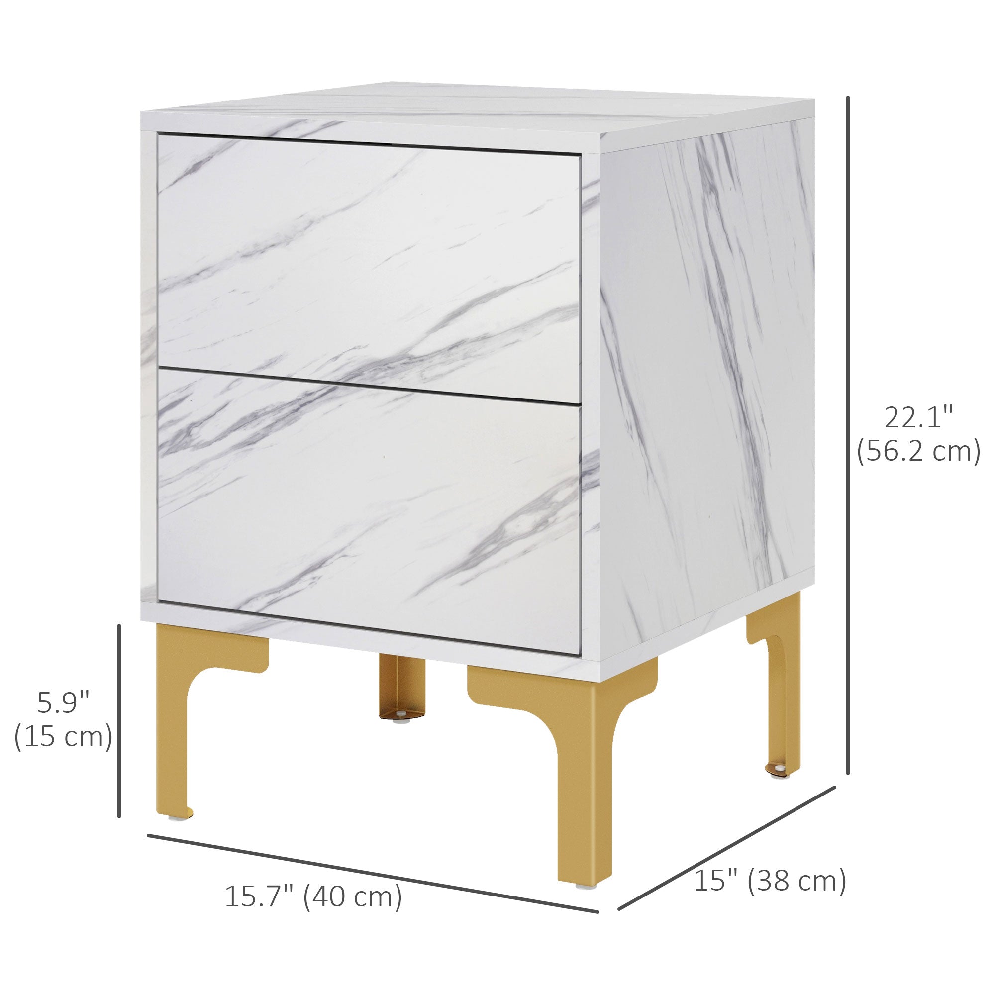 HOMCOM Nightstands Set of 2, Faux Marbled Bedside Tables with 2 Drawers, Modern End Tables with Storage and Gold Metal Legs for Bedroom, White