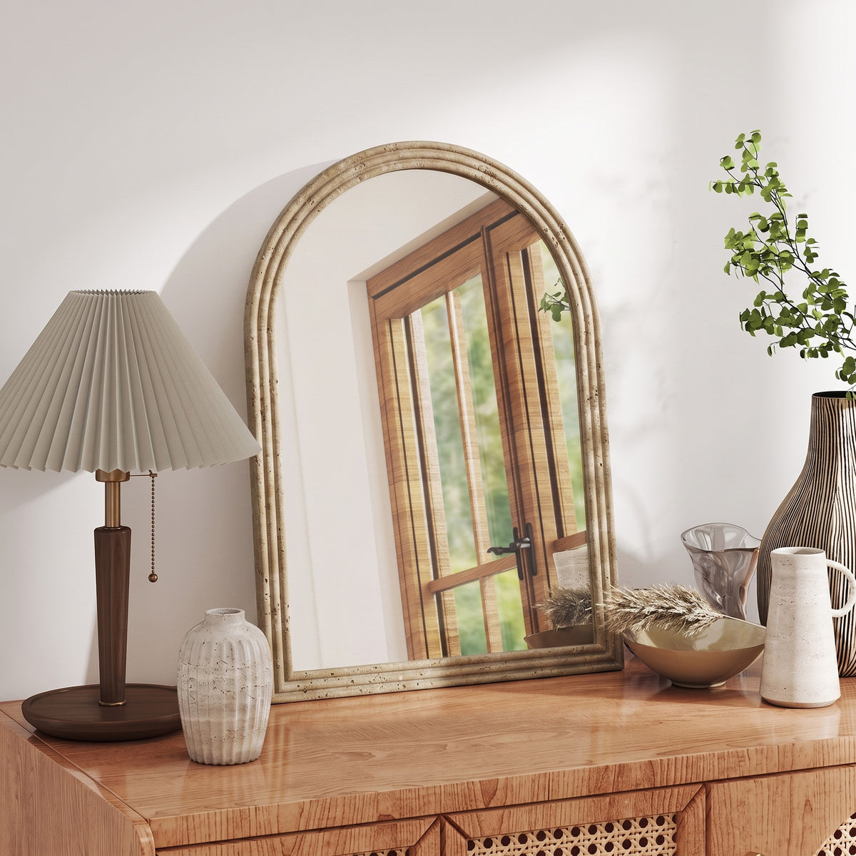 Arched Wall Mirror with Grooved Edge, Modern Wall-Mounted Mirror for Living Room, Entryway, Bedroom, Hallway, 50 x 2 x 70 cm, Brown
