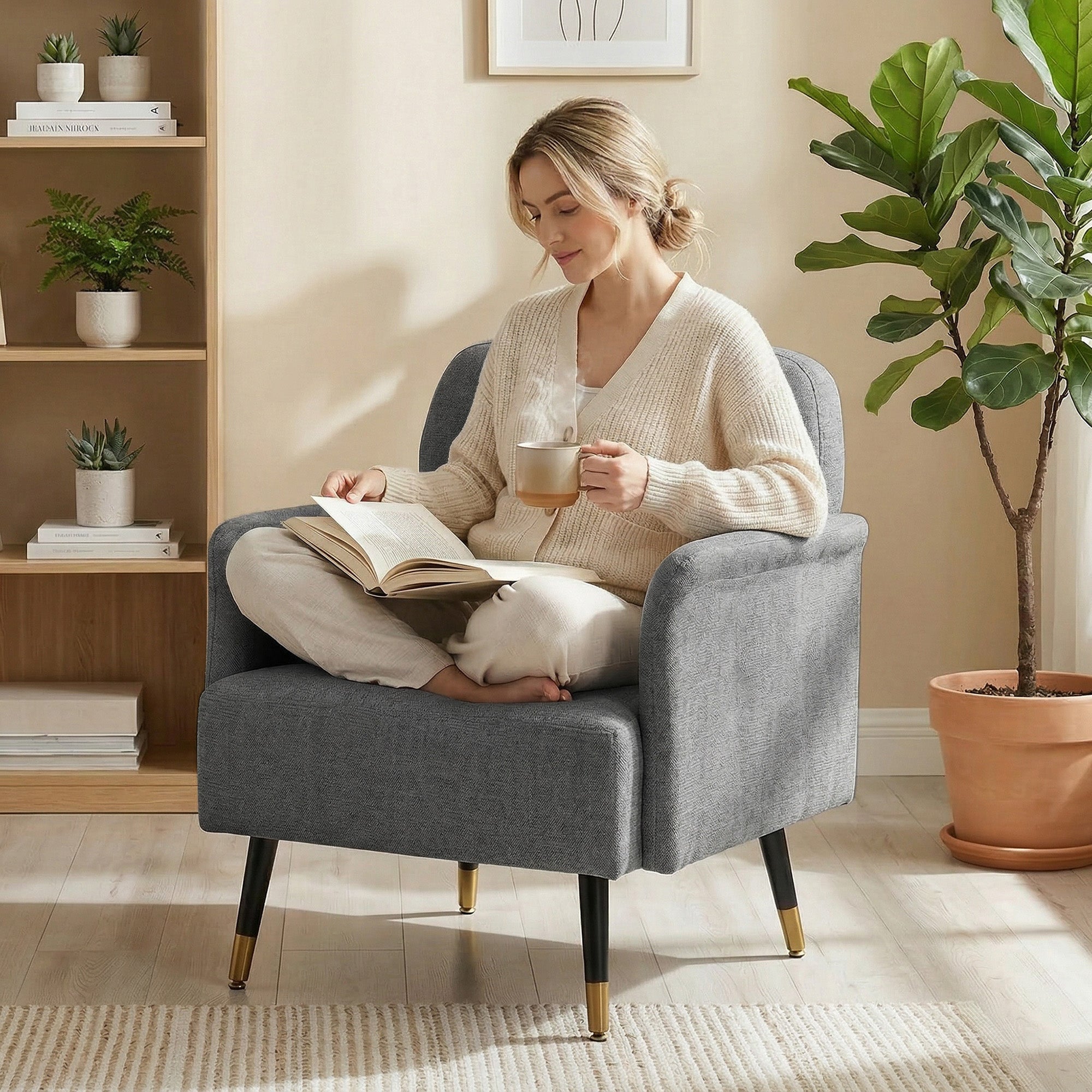Modern Button Tufted Accent Chair, Upholstered Armchair, Living Room Chair with Thick Cushion and Metal Legs, Grey