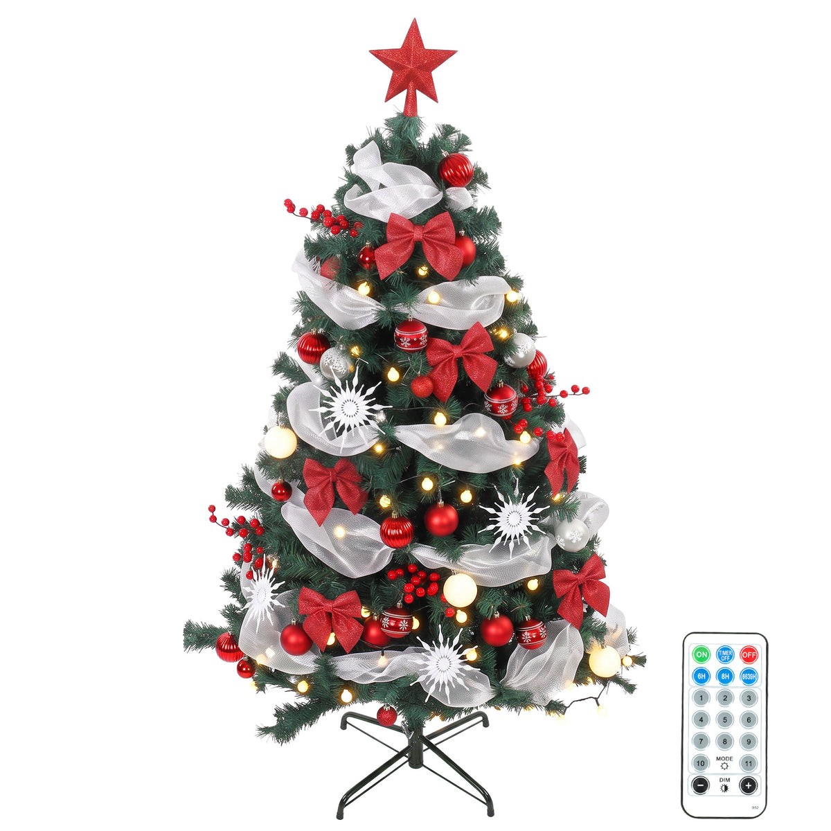 5ft Prelit Christmas Tree Spruce, Remote, Hinged, Artificial Xmas Tree with 8 Modes, 450 Tips, 150 LEDs, Balls, Ribbons, Bows, Foldable Metal Base, Green and Red