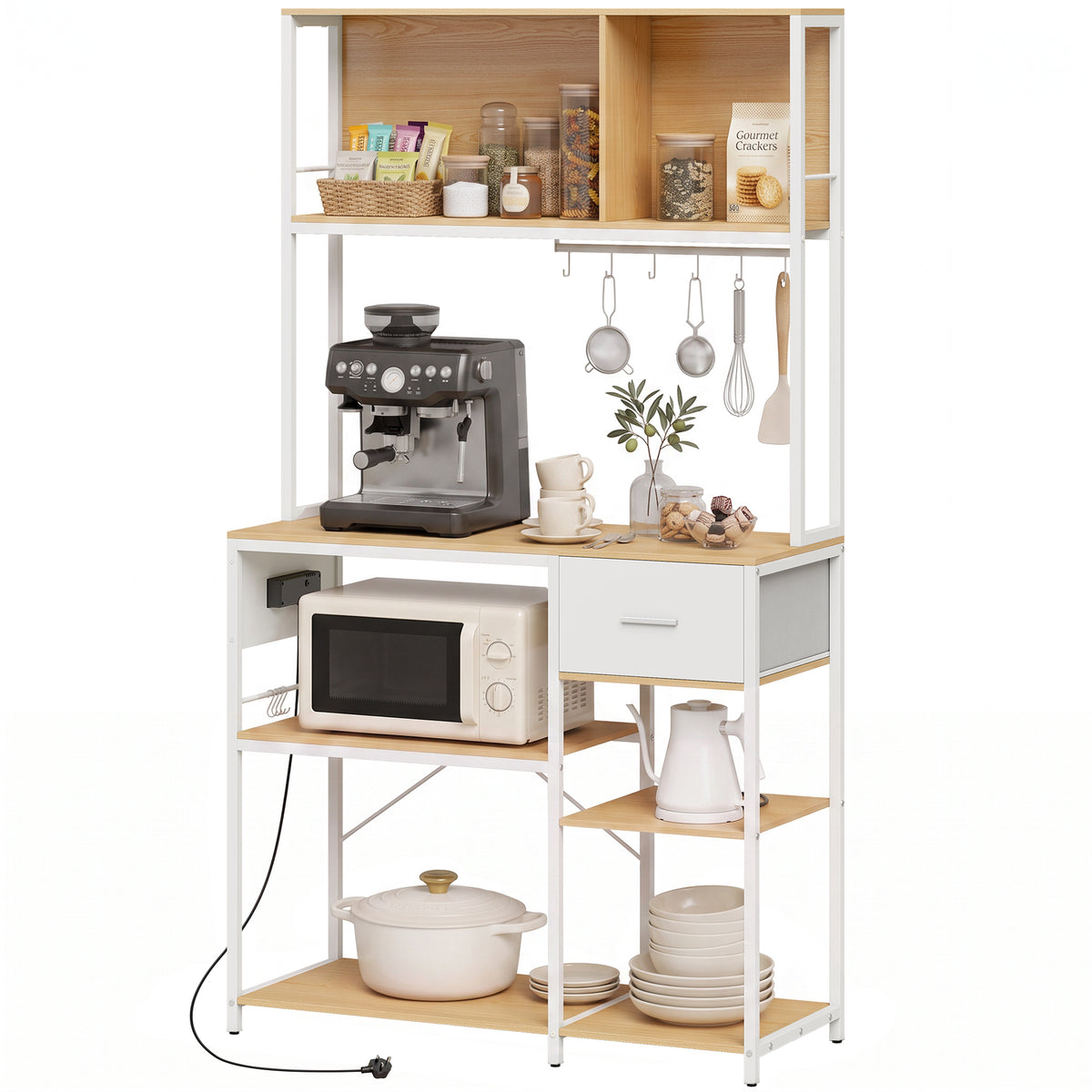 Kitchen Bakers Rack with Power Outlet, Kitchen Storage Rack with USB and Type-C Ports, Drawer, Shelves and 4 Hooks for Tableware and Cookware, Oak and White