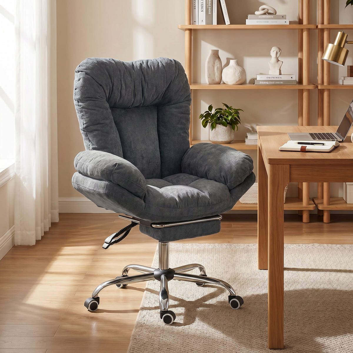 Criss Cross Office Chair with Footrest, Swivel Wheels, Wide Task Desk Chair with Overstuffed Reclining Backrest, Waterfall Arms, Adjustable Height, Cross Legged, Dark Grey