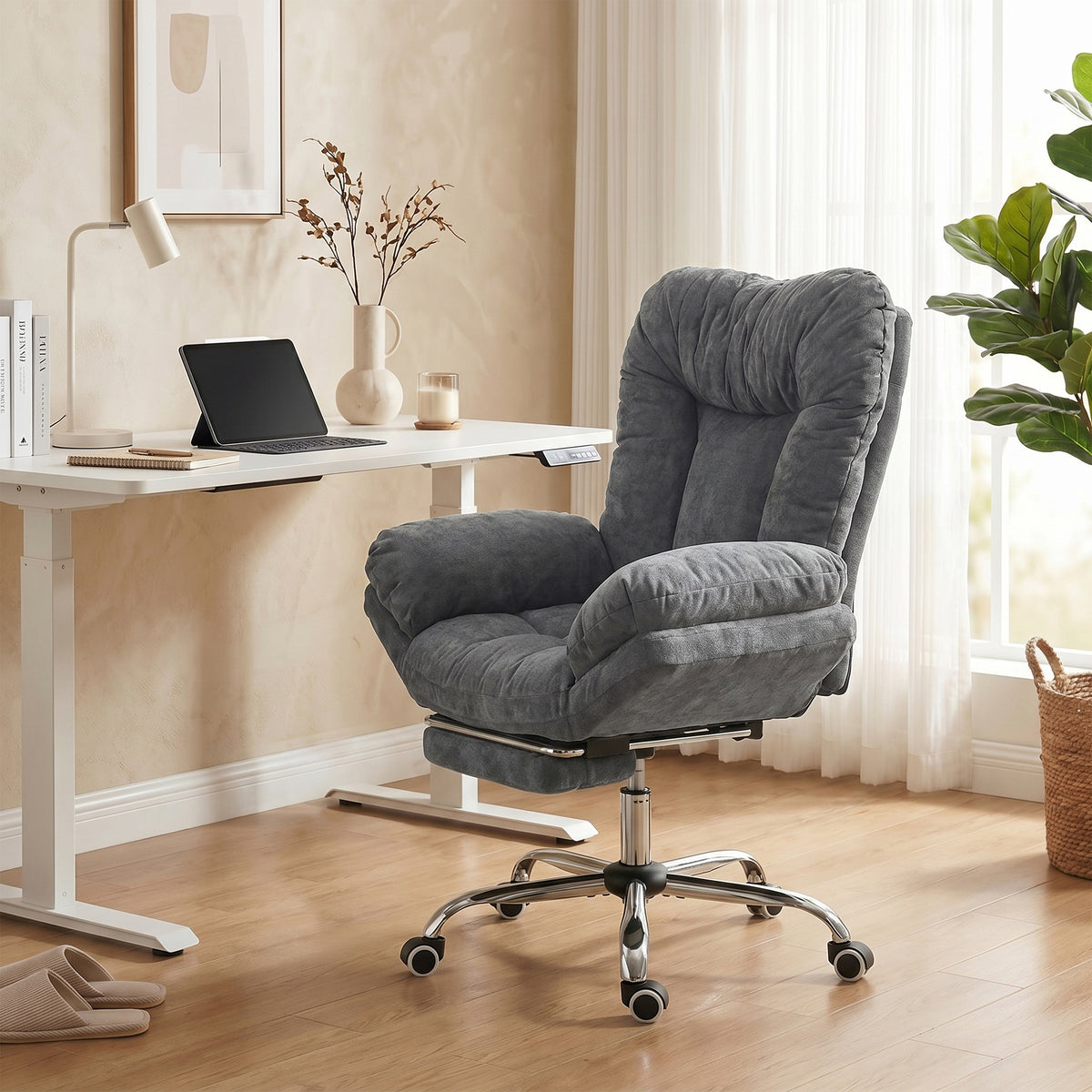 Criss Cross Office Chair with Footrest, Swivel Wheels, Wide Task Desk Chair with Overstuffed Reclining Backrest, Waterfall Arms, Adjustable Height, Cross Legged, Dark Grey
