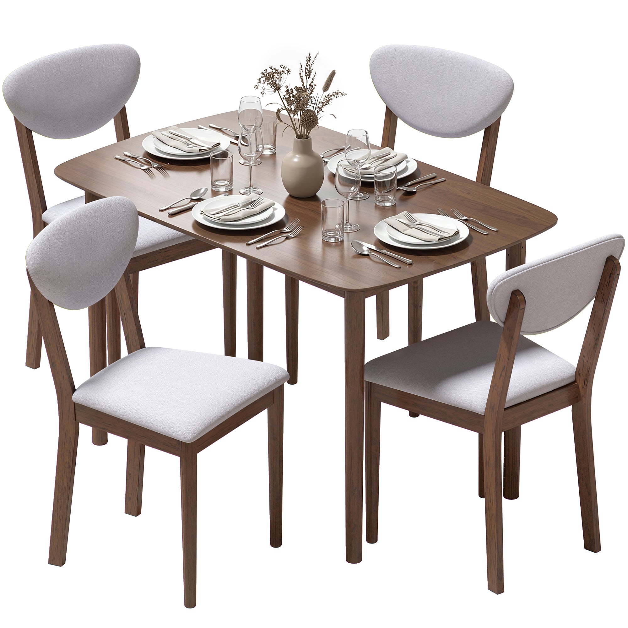 5-Piece Dining Table Set for 4, Mid-Century Modern Kitchen Table and Chairs with Padded Seats and Backrests, Solid Wood Frame for Small Space, Dining Room, Living Room, Light Gray