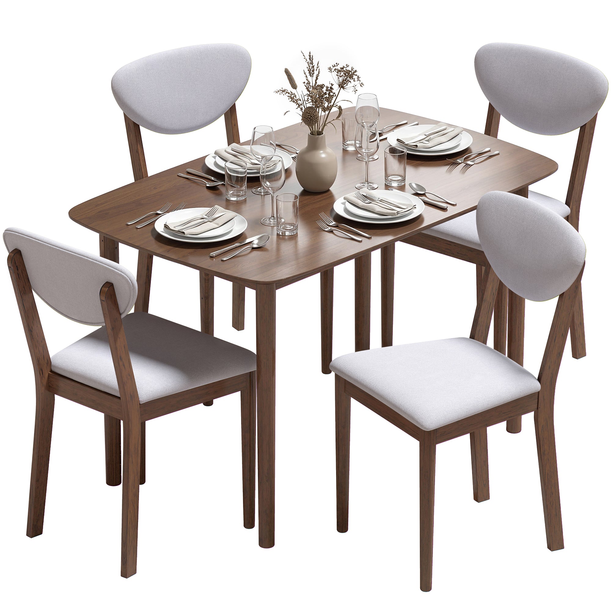 5-Piece Dining Table Set for 4, Mid-Century Modern Kitchen Table and Chairs with Padded Seats and Backrests, Solid Wood Frame for Small Space, Dining Room, Living Room, Light Gray