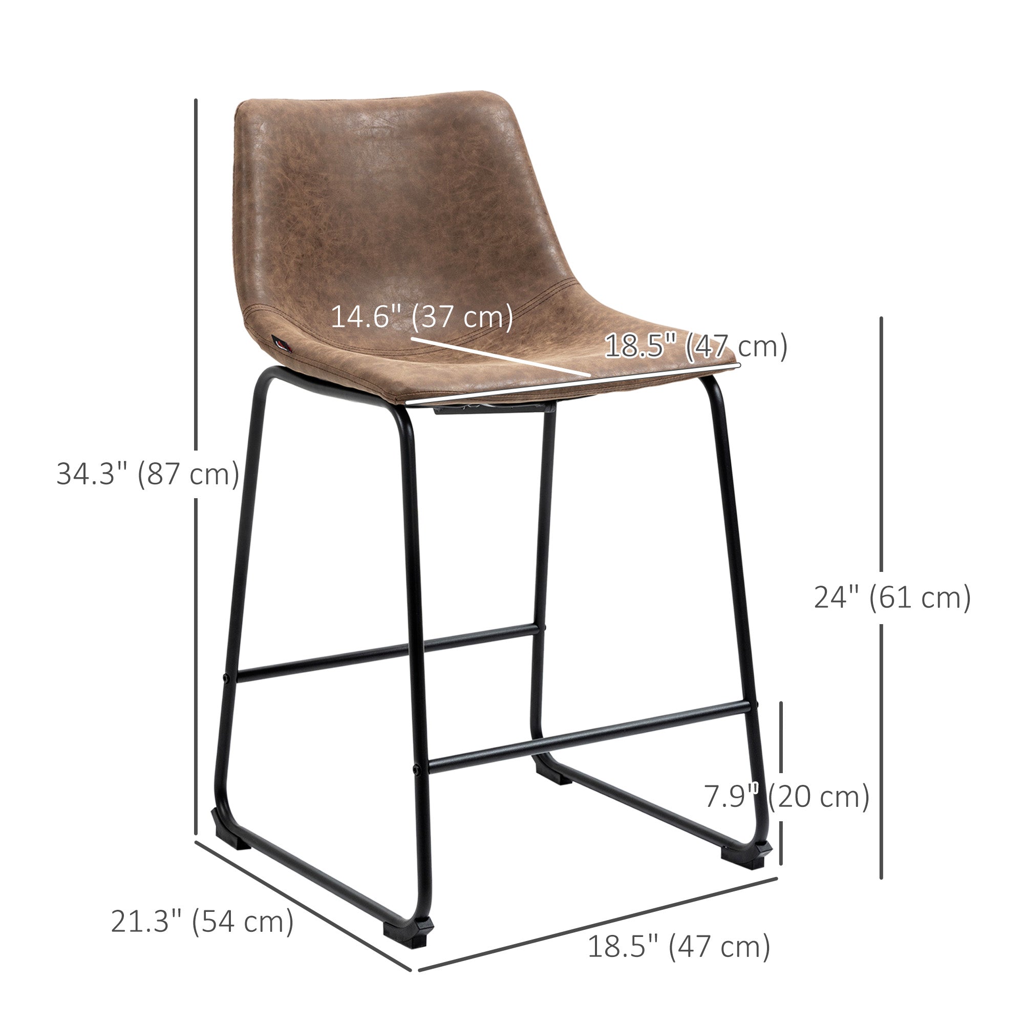 HOMCOM Counter Height Bar Stools Set of 2, Vintage PU Leather Bar Chairs, Kitchen Stools with Footrest for Home Bar, Brown