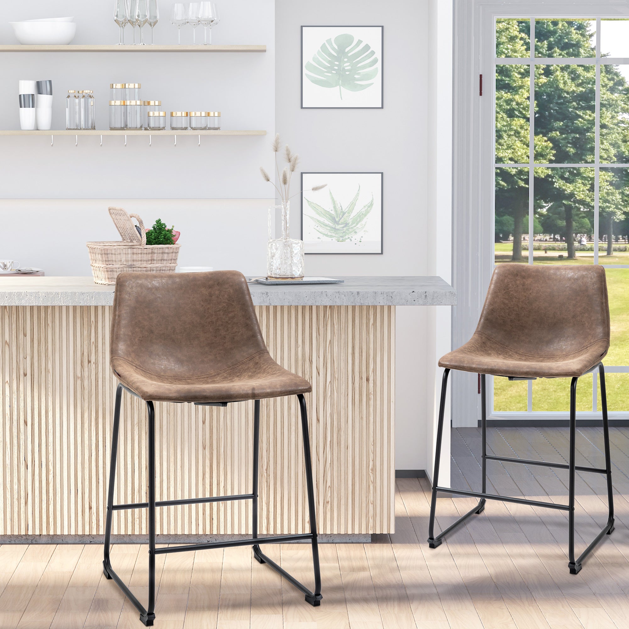 HOMCOM Counter Height Bar Stools Set of 2, Vintage PU Leather Bar Chairs, Kitchen Stools with Footrest for Home Bar, Brown