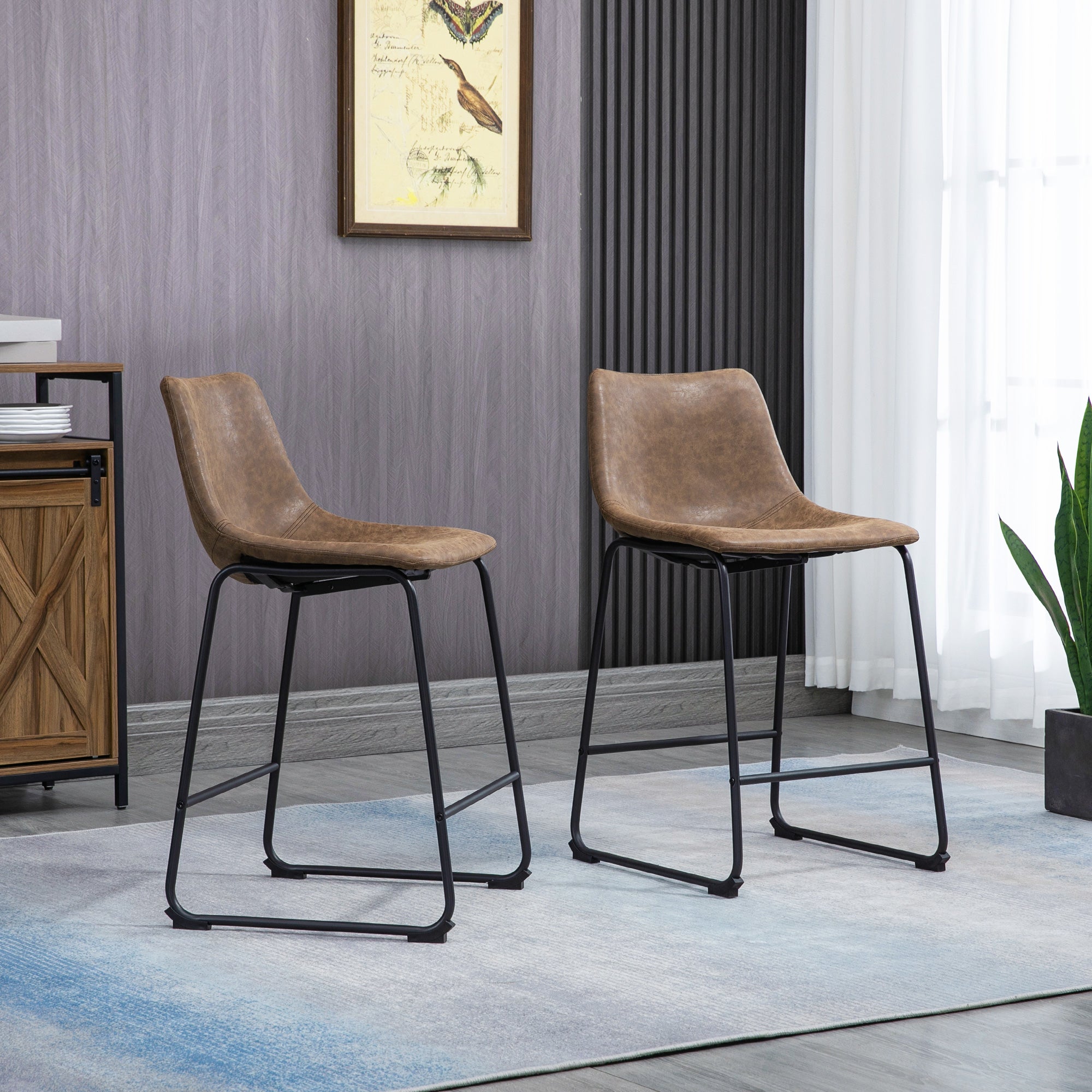 HOMCOM Counter Height Bar Stools Set of 2, Vintage PU Leather Bar Chairs, Kitchen Stools with Footrest for Home Bar, Brown
