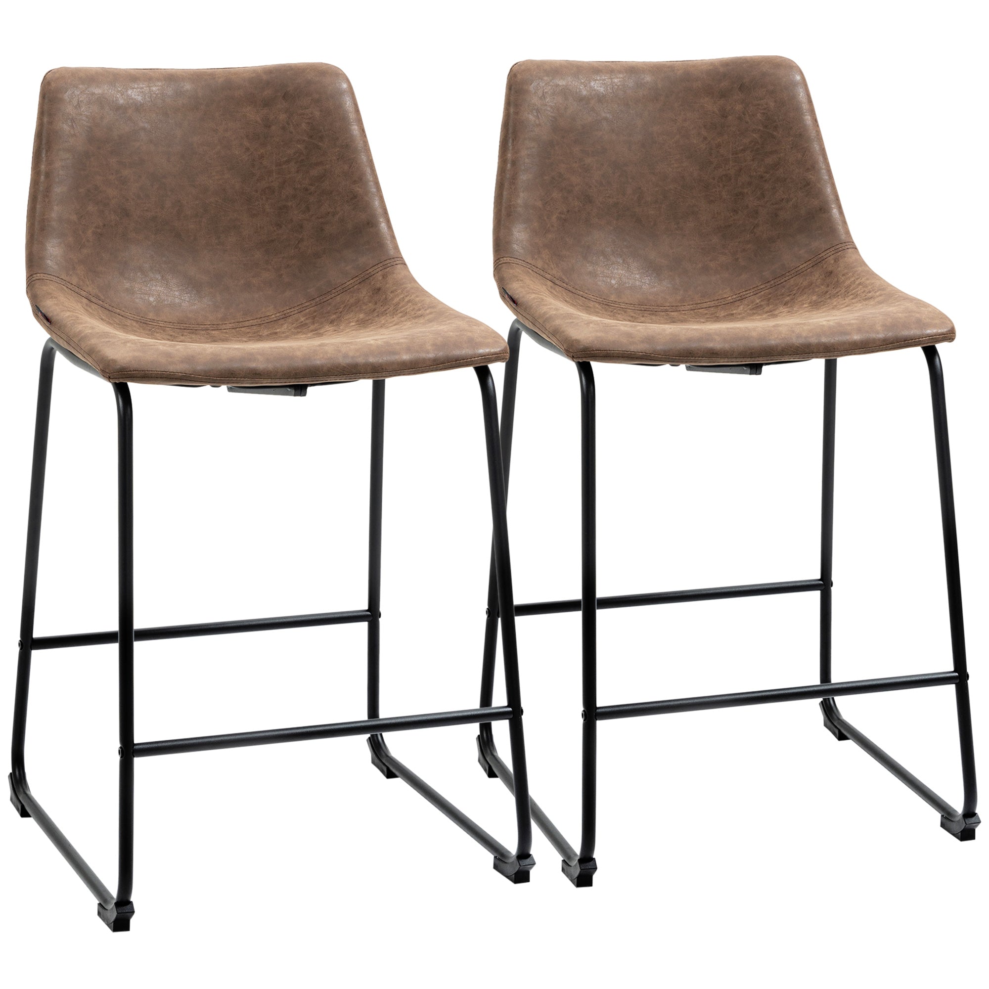 HOMCOM Counter Height Bar Stools Set of 2, Vintage PU Leather Bar Chairs, Kitchen Stools with Footrest for Home Bar, Brown