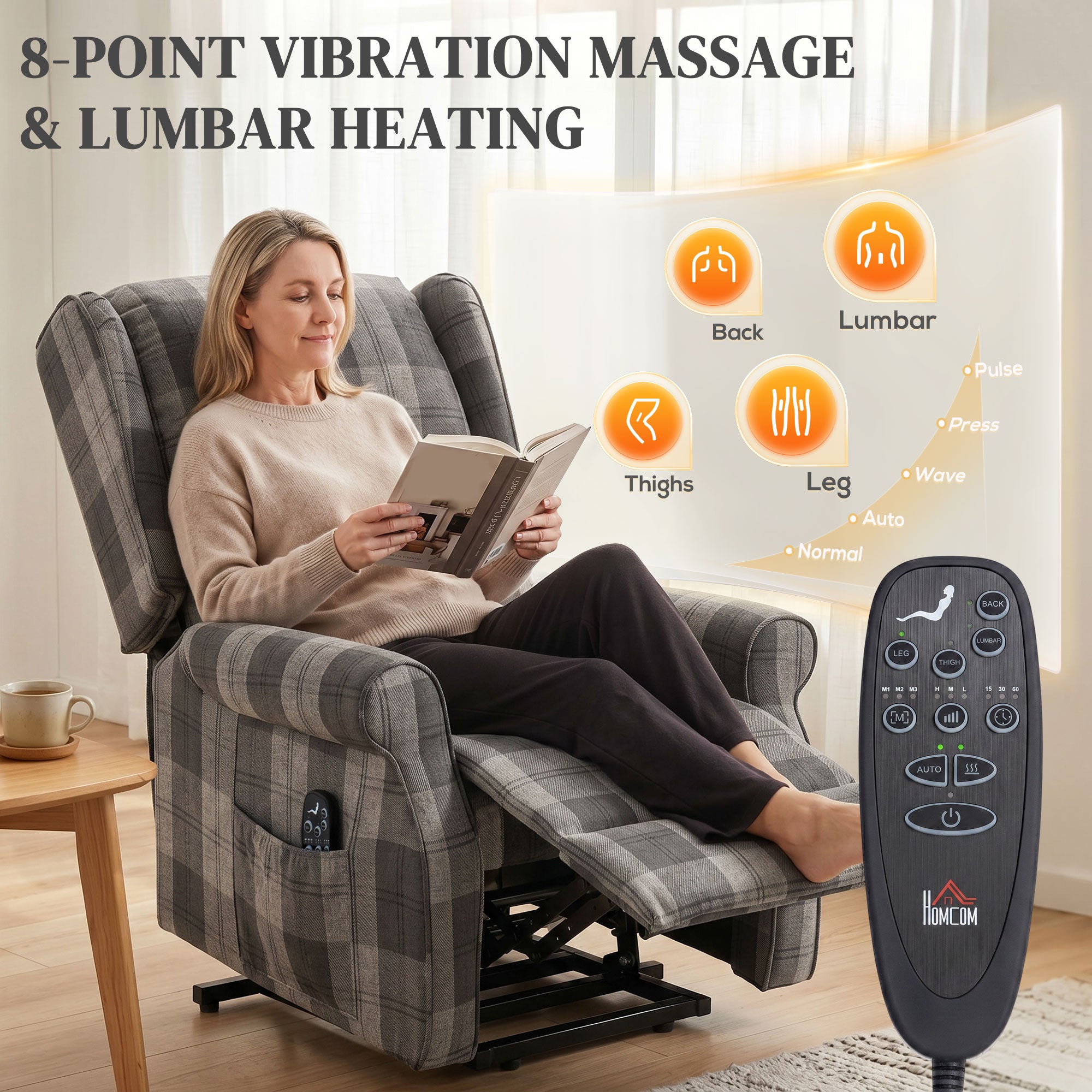 Power Lift Recliner Chair with Vibration Massage and Heat, Checked Electric Lift Chair for Elderly, Fabric Riser and Reclining Armchair with Pocket Spring, Remote, Quick Assembly, Side Pockets