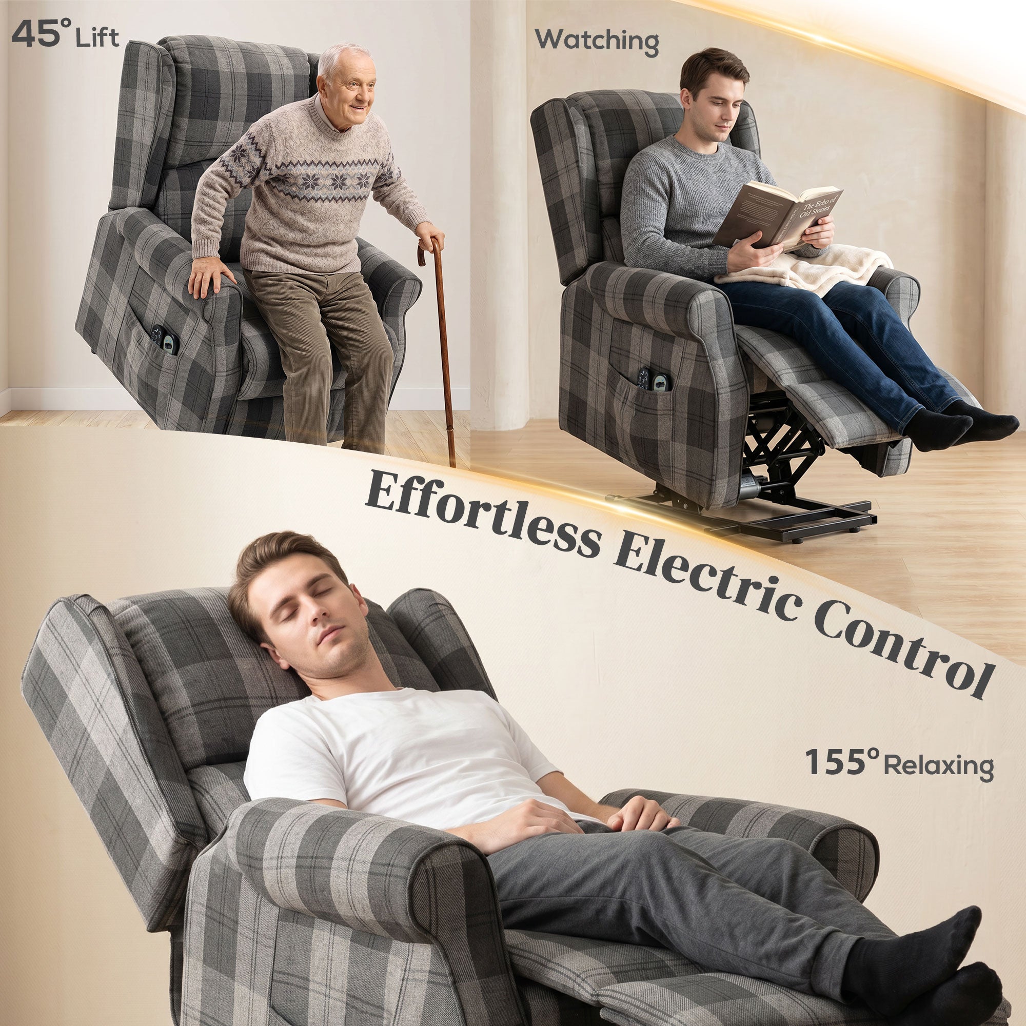 Power Lift Recliner Chair with Vibration Massage and Heat, Checked Electric Lift Chair for Elderly, Fabric Riser and Reclining Armchair with Pocket Spring, Remote, Quick Assembly, Side Pockets