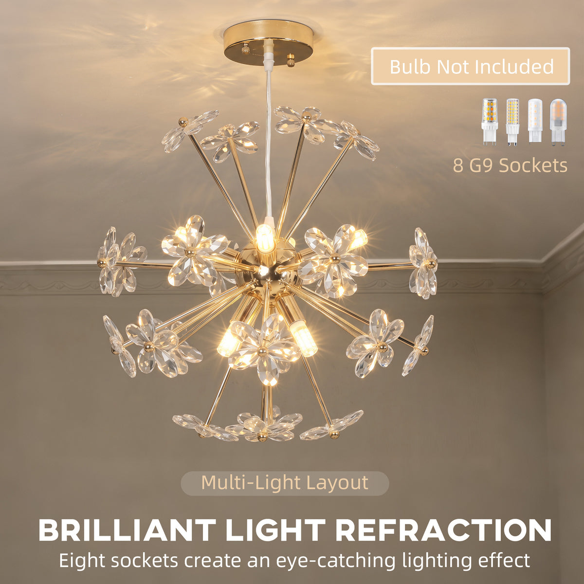 Crystal Chandeliers Ceiling Light with Flower, Modern Pendant Light with Adjustable Height, Ceiling Plate, Crystal Glass for Study, Dining Room, Clear, Bulb Not Included