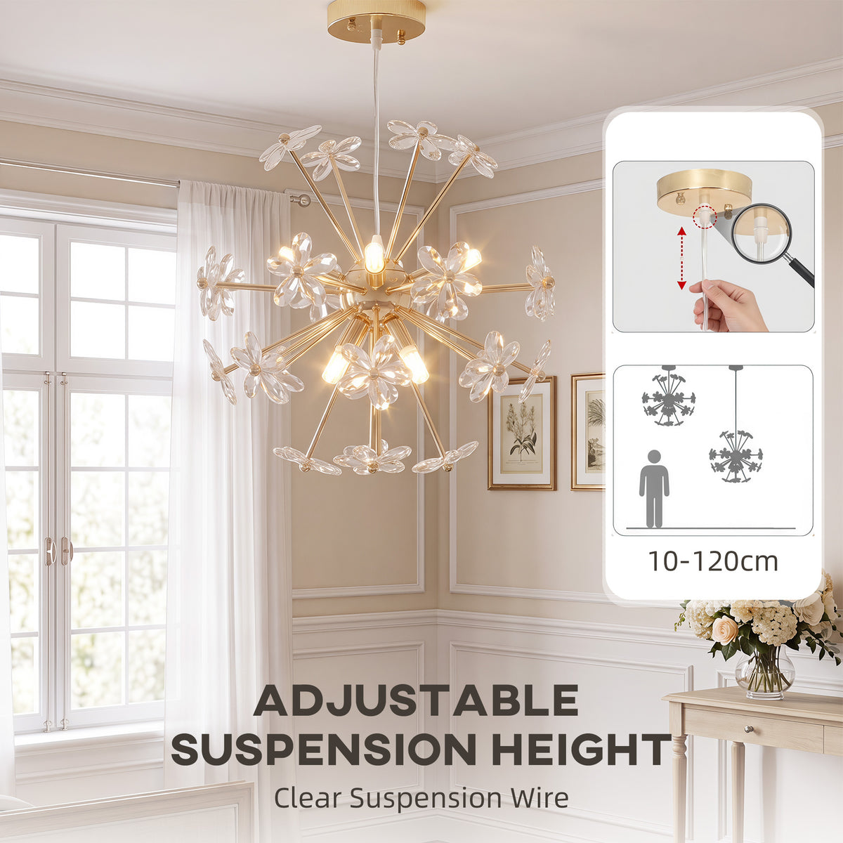 Crystal Chandeliers Ceiling Light with Flower, Modern Pendant Light with Adjustable Height, Ceiling Plate, Crystal Glass for Study, Dining Room, Clear, Bulb Not Included