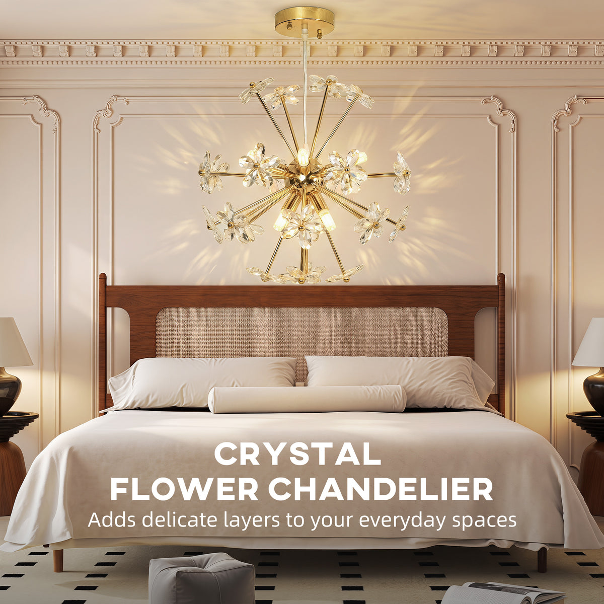 Crystal Chandeliers Ceiling Light with Flower, Modern Pendant Light with Adjustable Height, Ceiling Plate, Crystal Glass for Study, Dining Room, Clear, Bulb Not Included