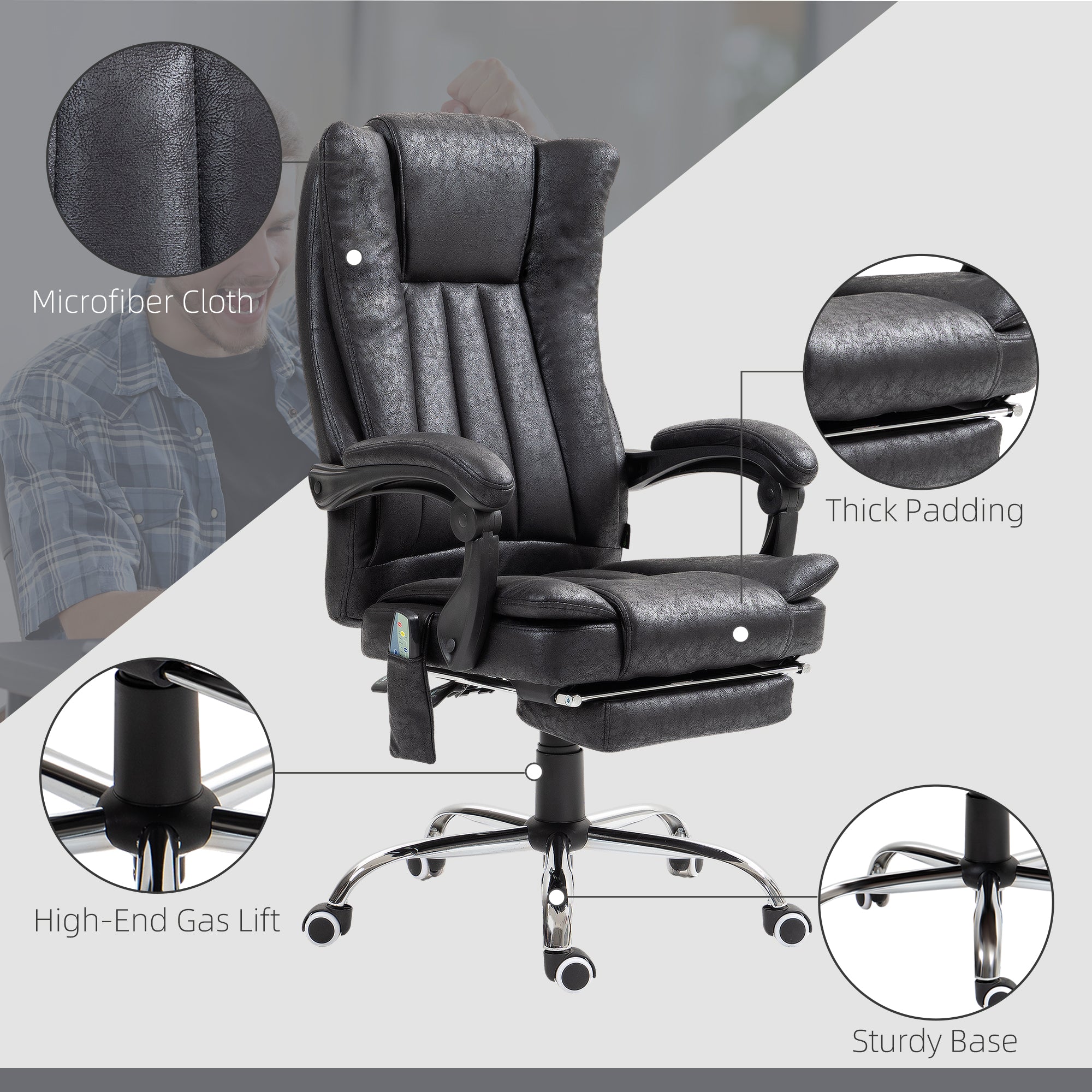 Vinsetto Executive Office Chair with Vibration Massage, Microfiber Reclining Computer Chair with Footrest, Adjustable Height, Swivel Wheels, Black