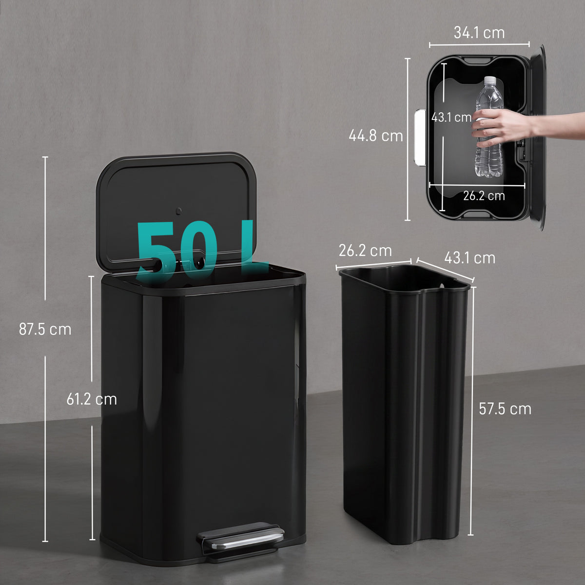 50L Kitchen Bin, Metal Rectangular Pedal Rubbish Bin with Soft Close and Stay-Open Lid, Removable Inner Bucket for Kitchen, Home, Office, Recycling, High Gloss Black