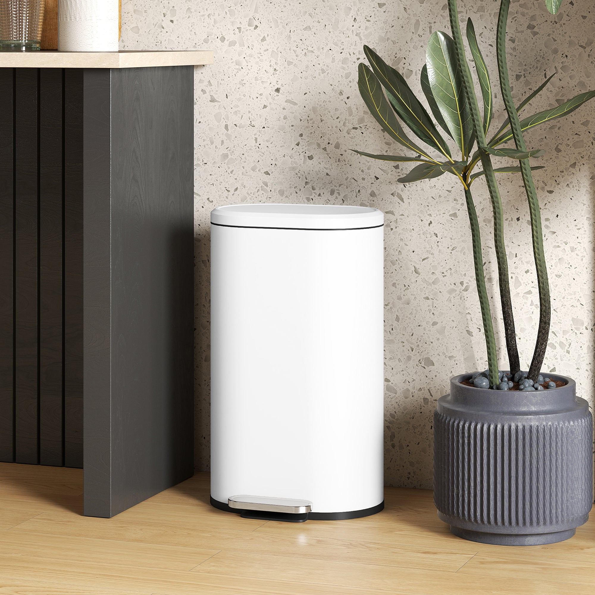 30L Kitchen Bin with 90° Stay-Open Lid, Slim Rectangular Pedal Bin with Soft-Close Lid, Removable Inner Bucket for Home Office, Fingerprint-Resistant, White