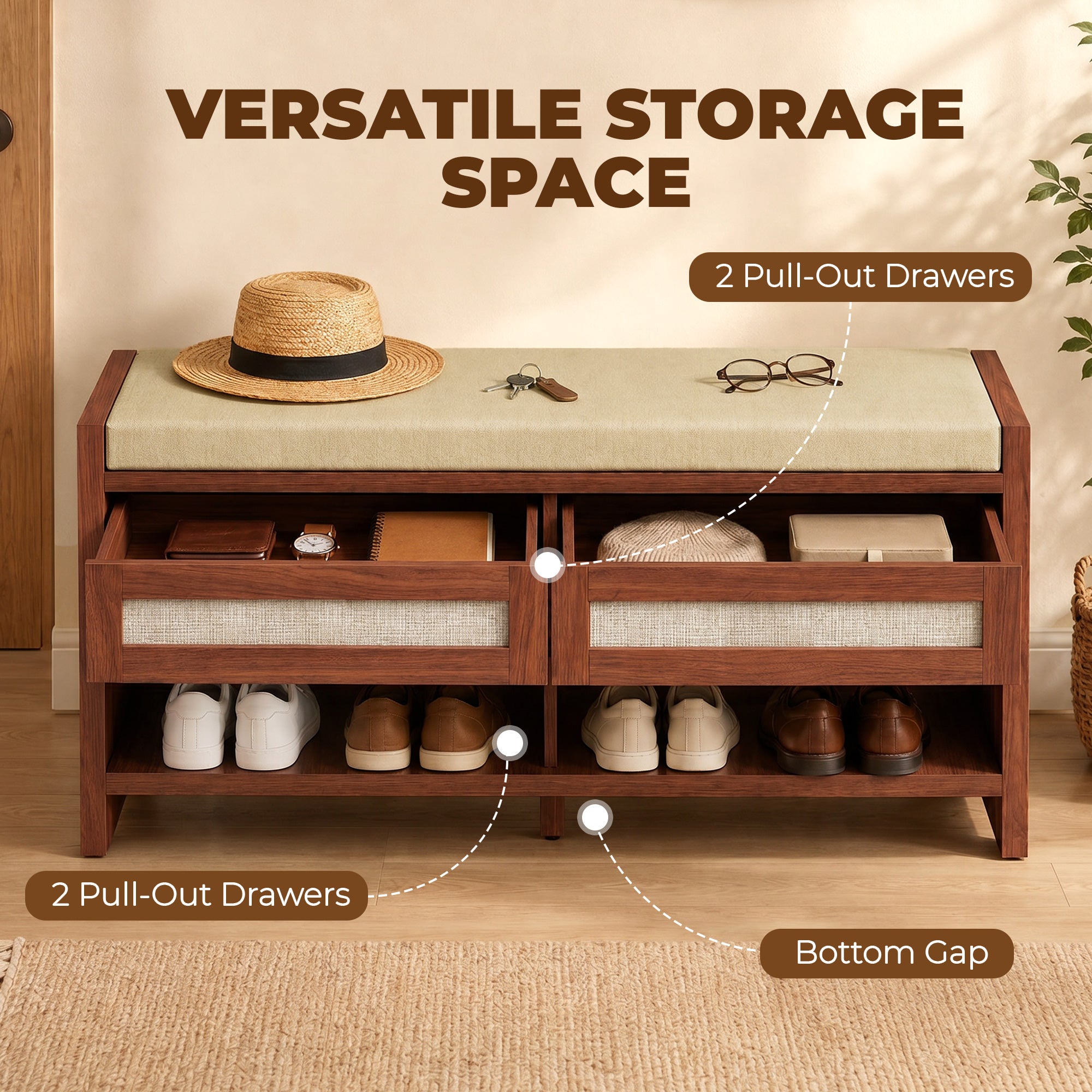 Shoe Bench with 2 Rattan Drawers, Boho Shoe Storage Bench with Linen-Look Cushioned Seat and Open Shelf, for Entryway, Living Room, Bedroom, 108 x 35 x 50 cm, Brown