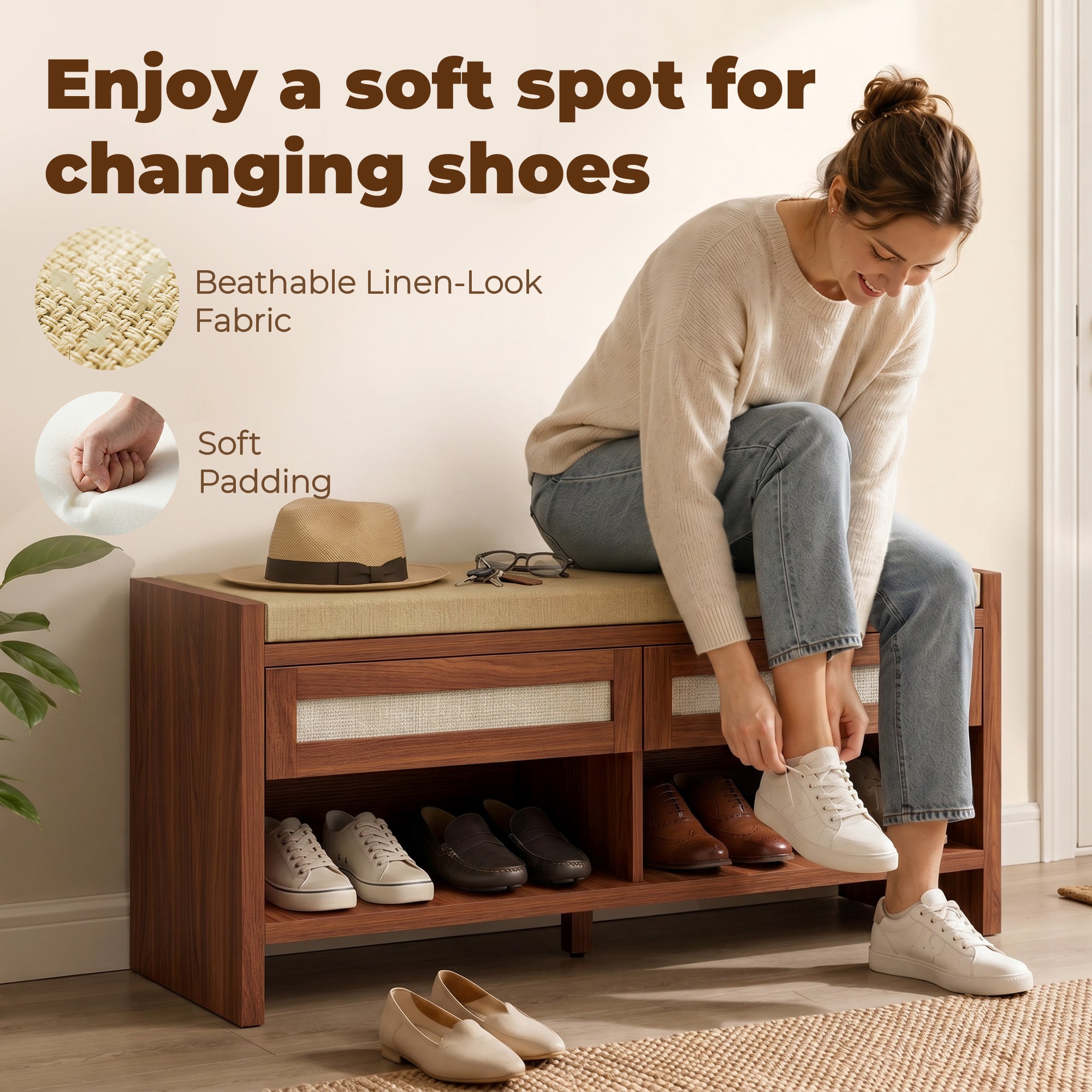 Shoe Bench with 2 Rattan Drawers, Boho Shoe Storage Bench with Linen-Look Cushioned Seat and Open Shelf, for Entryway, Living Room, Bedroom, 108 x 35 x 50 cm, Brown