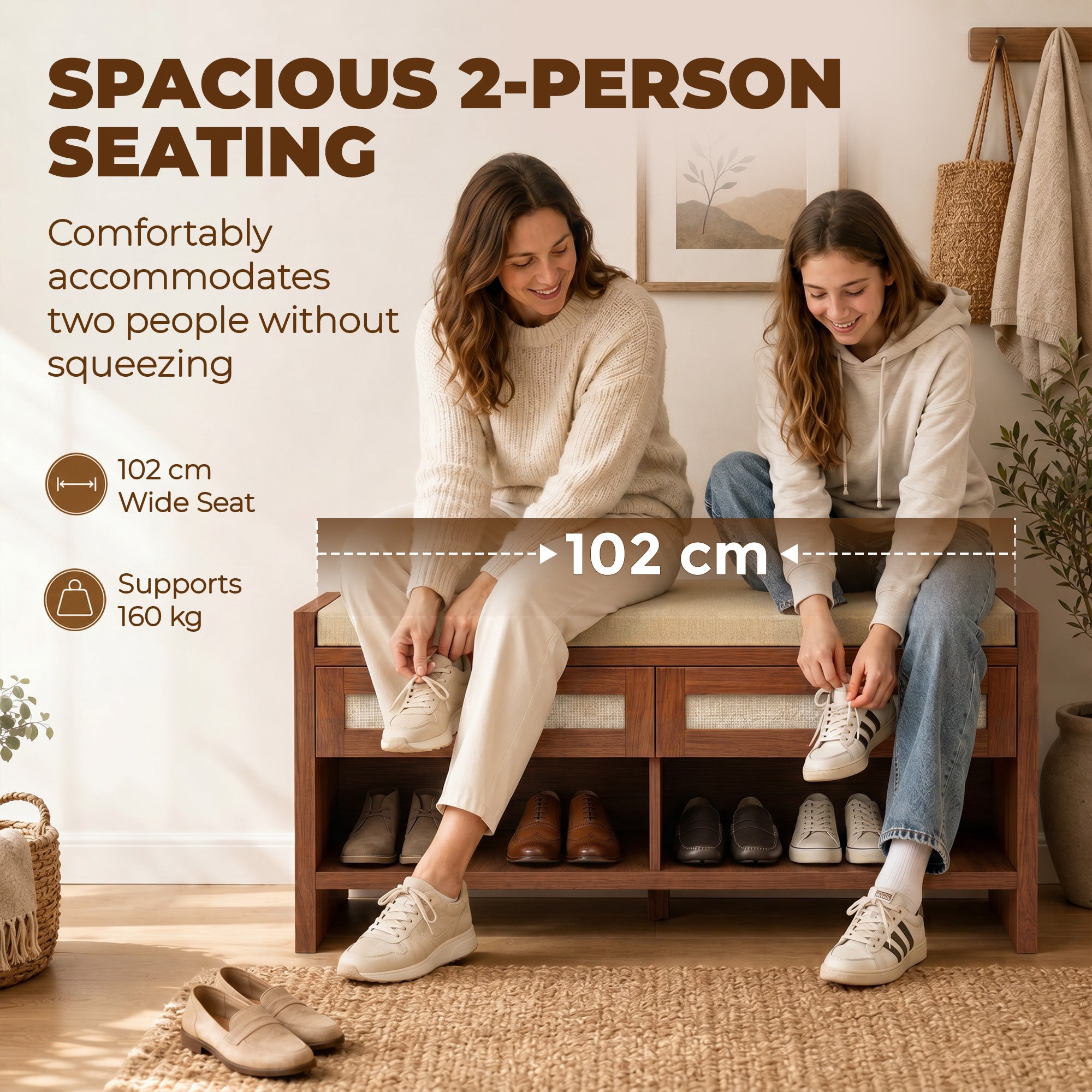 Shoe Bench with 2 Rattan Drawers, Boho Shoe Storage Bench with Linen-Look Cushioned Seat and Open Shelf, for Entryway, Living Room, Bedroom, 108 x 35 x 50 cm, Brown