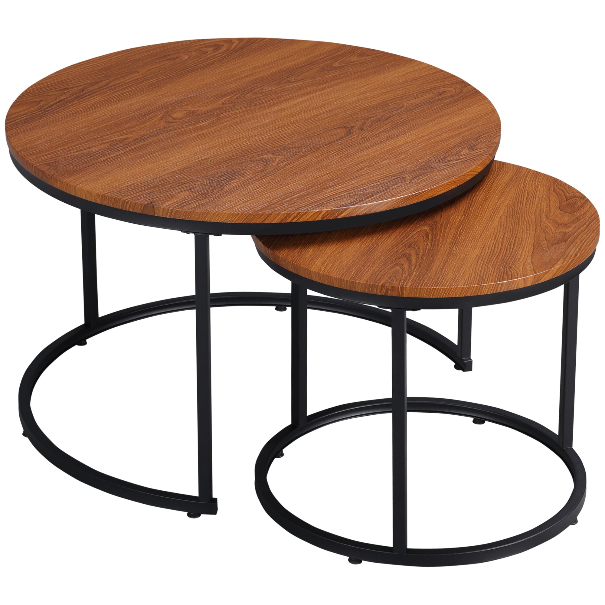 Round Nesting Tables Set of 2 Stacking Coffee Table Set with Metal Frame Dark Walnut