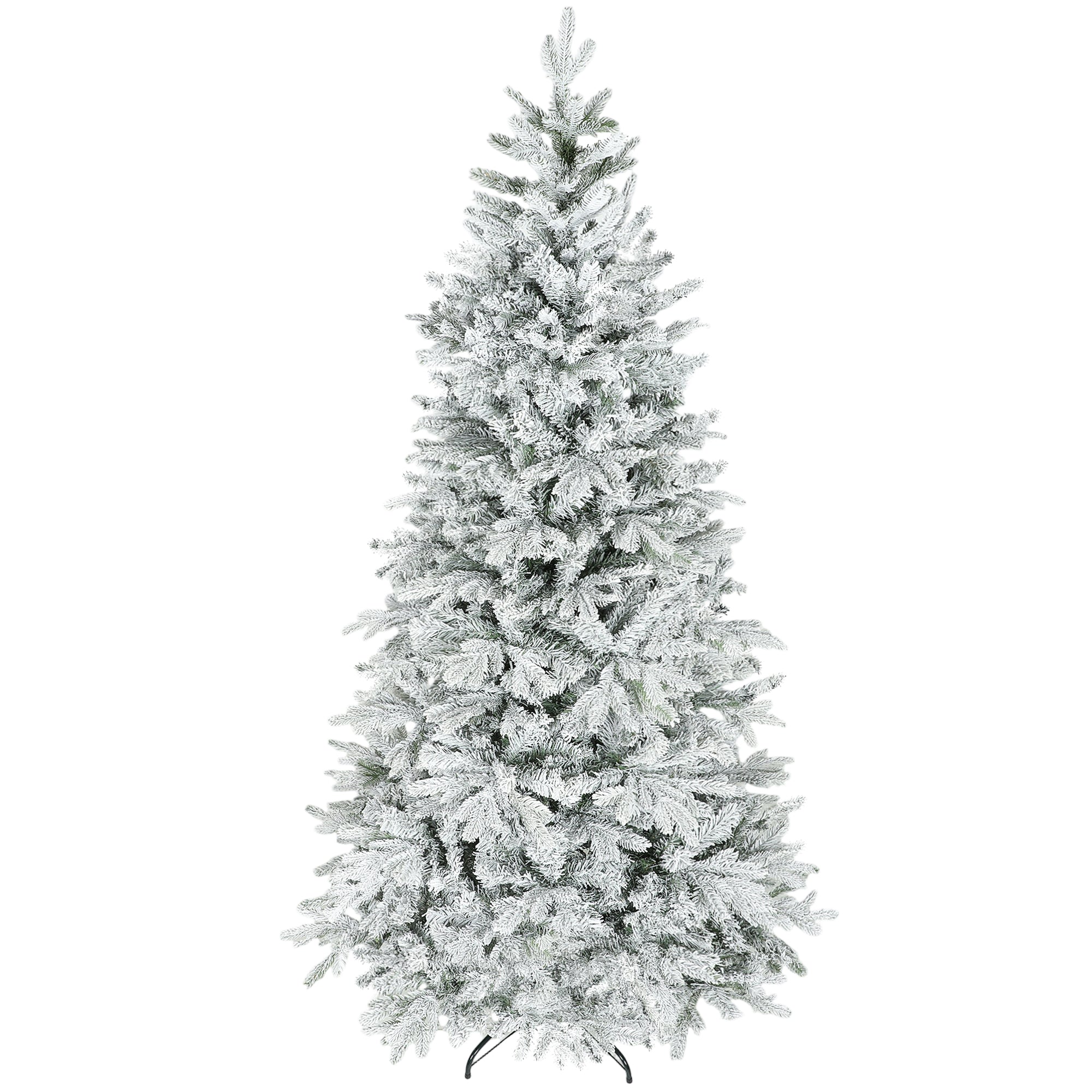 7.5ft Artificial Spruce Slim Christmas Tree, Snow Flocked Xmas Tree w/ 1,762 Branch Tips, Foldable Metal Stand and Hinged Branches, Noble Holiday Decor