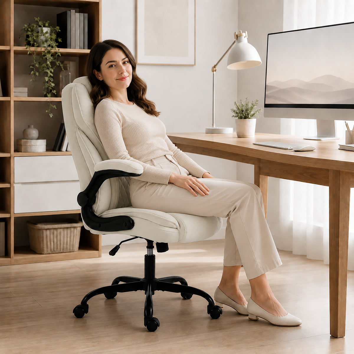 Office Chair, Ergonomic Executive Desk Chair with Padded Flip-up Armrest, Pocket Springs, Swivel Wheels, Multiple Angle Rocking, Adjustable Height, Diamond Fabric for Home Office, Beige