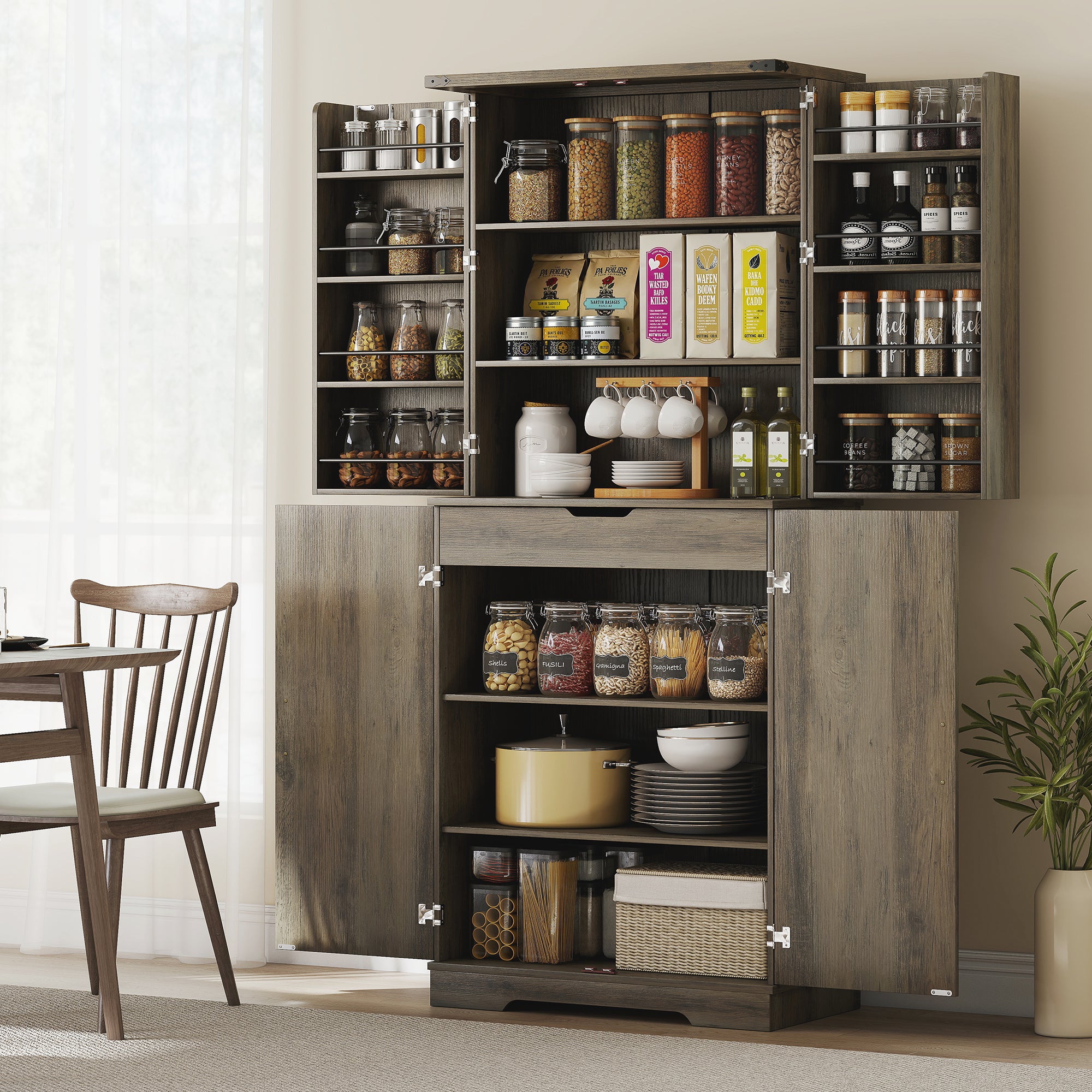 72" Kitchen Pantry Cabinet, Farmhouse Freestanding Tall Kitchen Storage Cabinet with 4 Barn Doors, Hidden Drawer, 8 Door Shelves and Adjustable Shelf, Light Ivory Grey