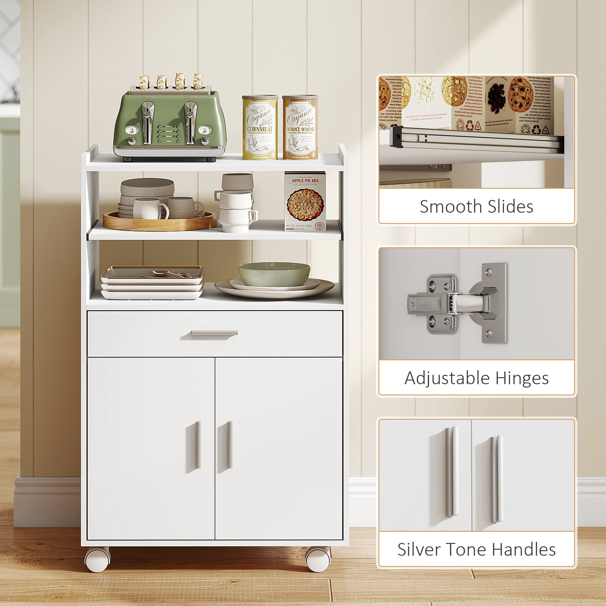 Microwave Cart with Wheels, Microwave Stand with Worktop, Open Shelves and Drawer, Storage Cabinet, White