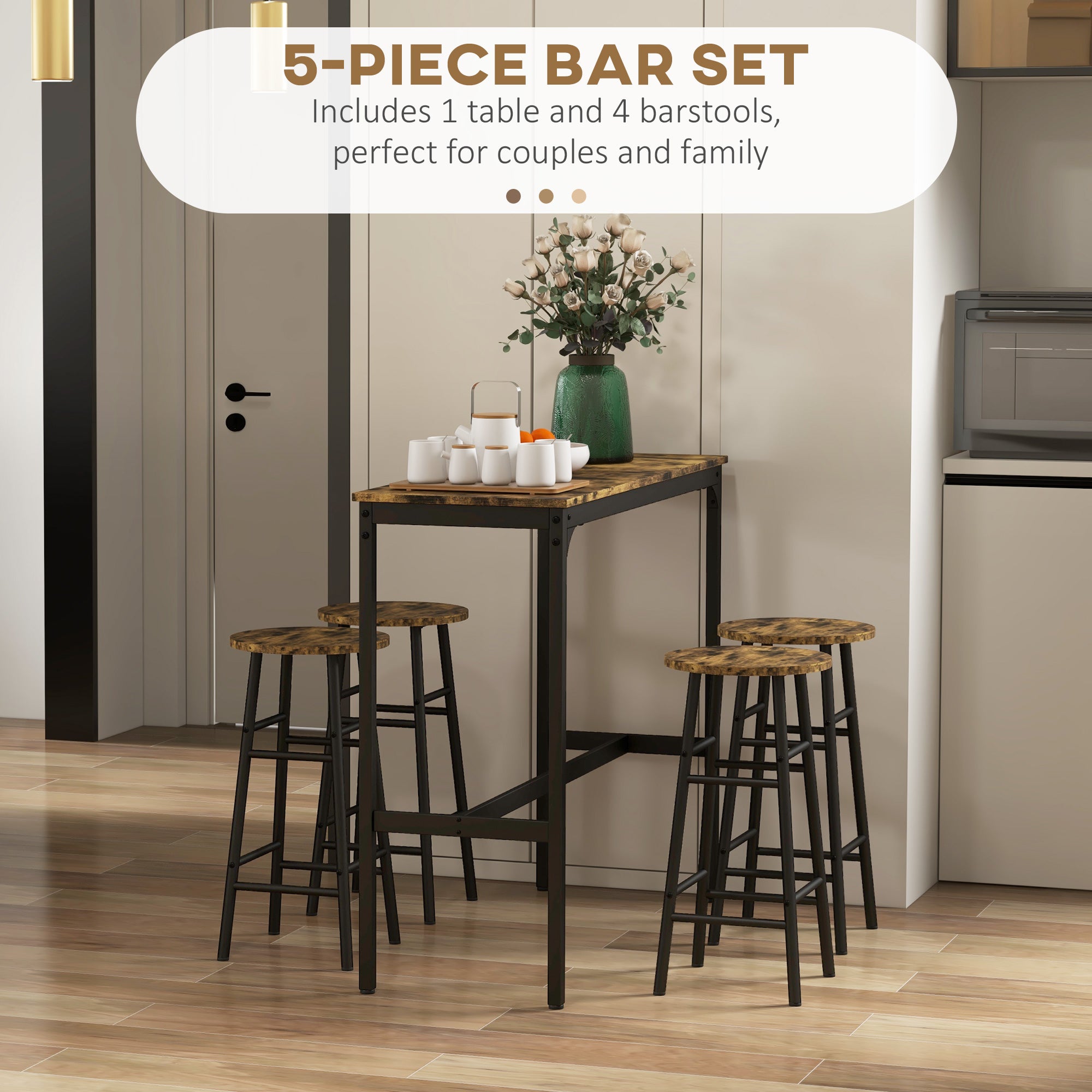 HOMCOM 5 Piece Bar Table Set with 4 Stools, Industrial Bar Table and Stool Set, Dining Table and Chair Set for Small Space, Rustic Brown