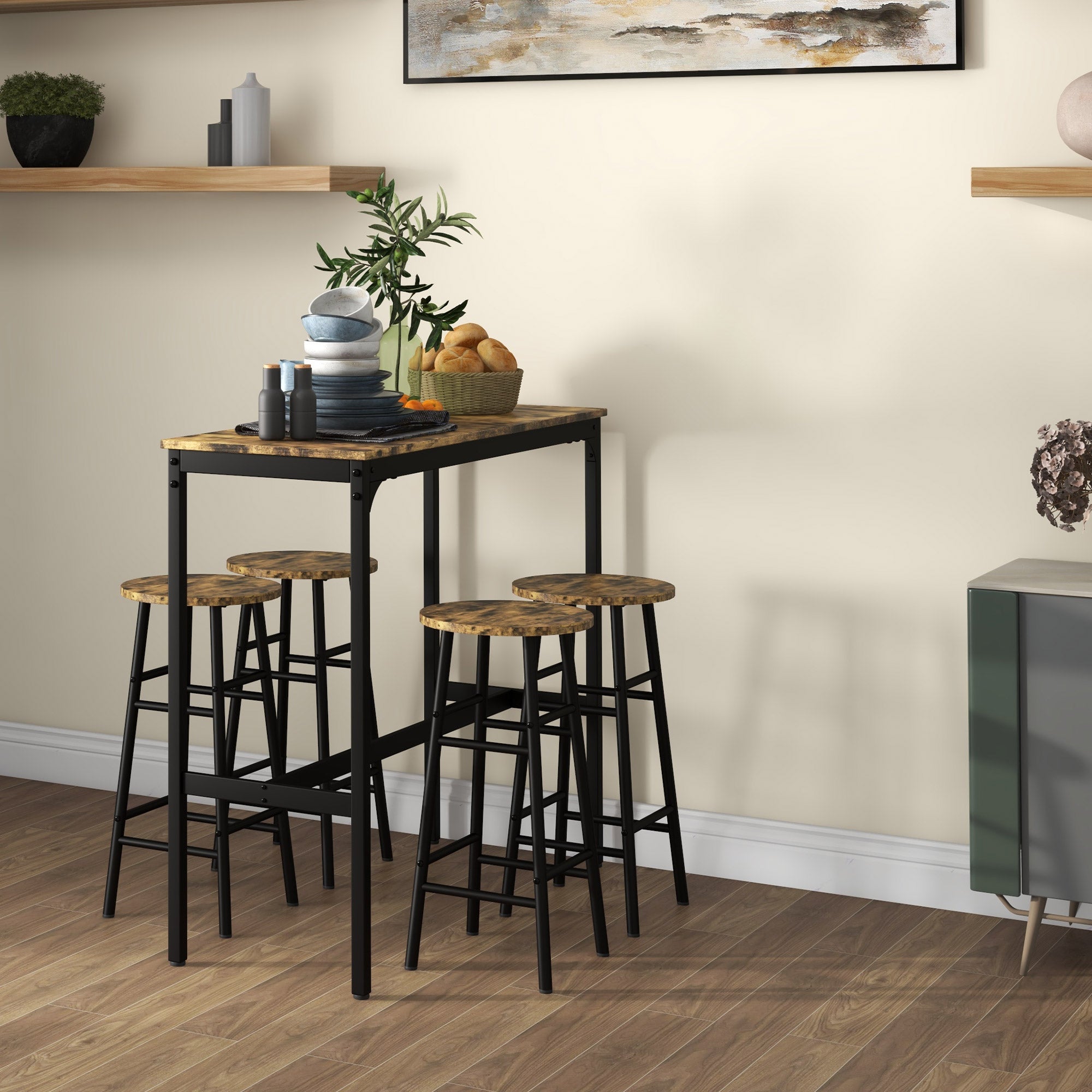 HOMCOM 5 Piece Bar Table Set with 4 Stools, Industrial Bar Table and Stool Set, Dining Table and Chair Set for Small Space, Rustic Brown