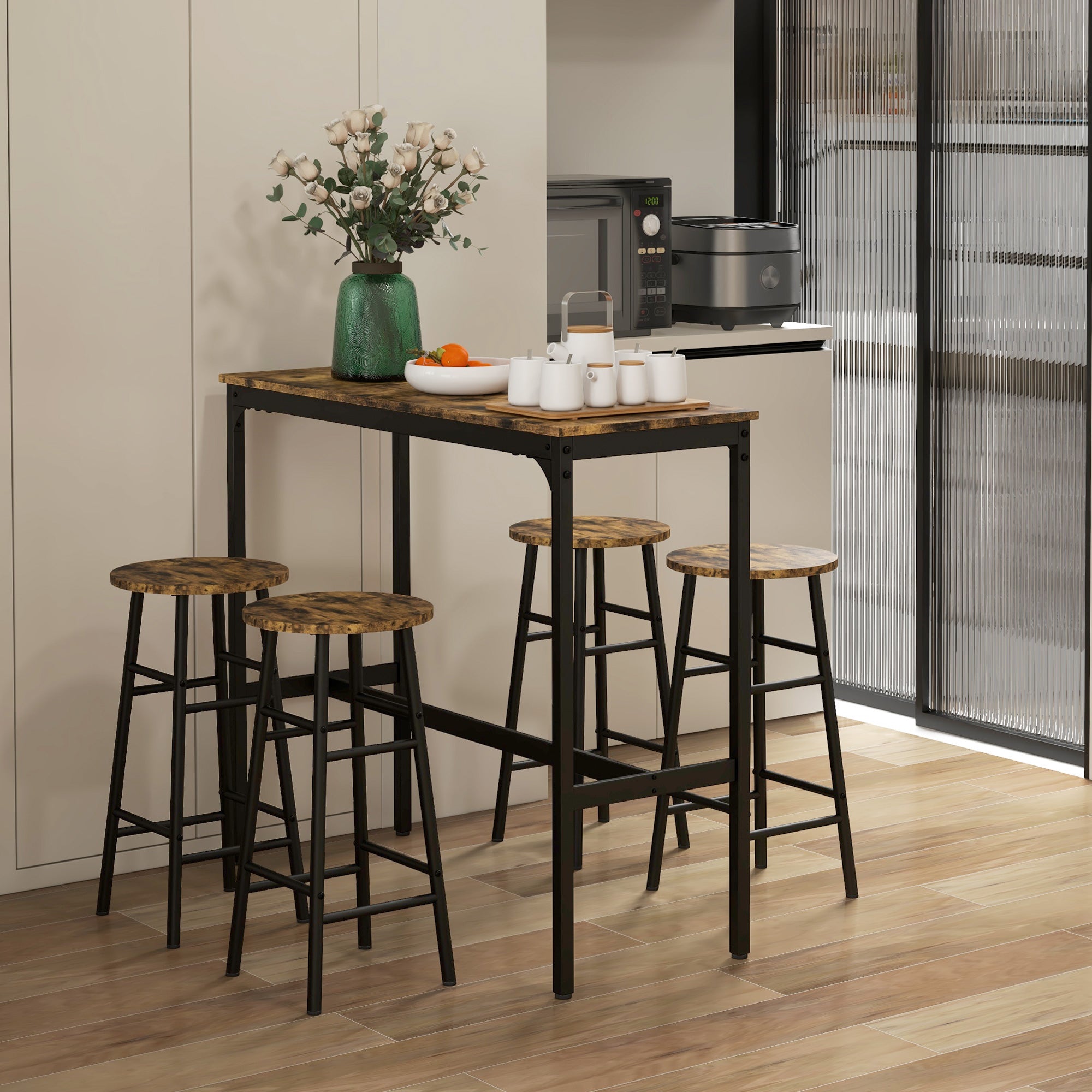 HOMCOM 5 Piece Bar Table Set with 4 Stools, Industrial Bar Table and Stool Set, Dining Table and Chair Set for Small Space, Rustic Brown