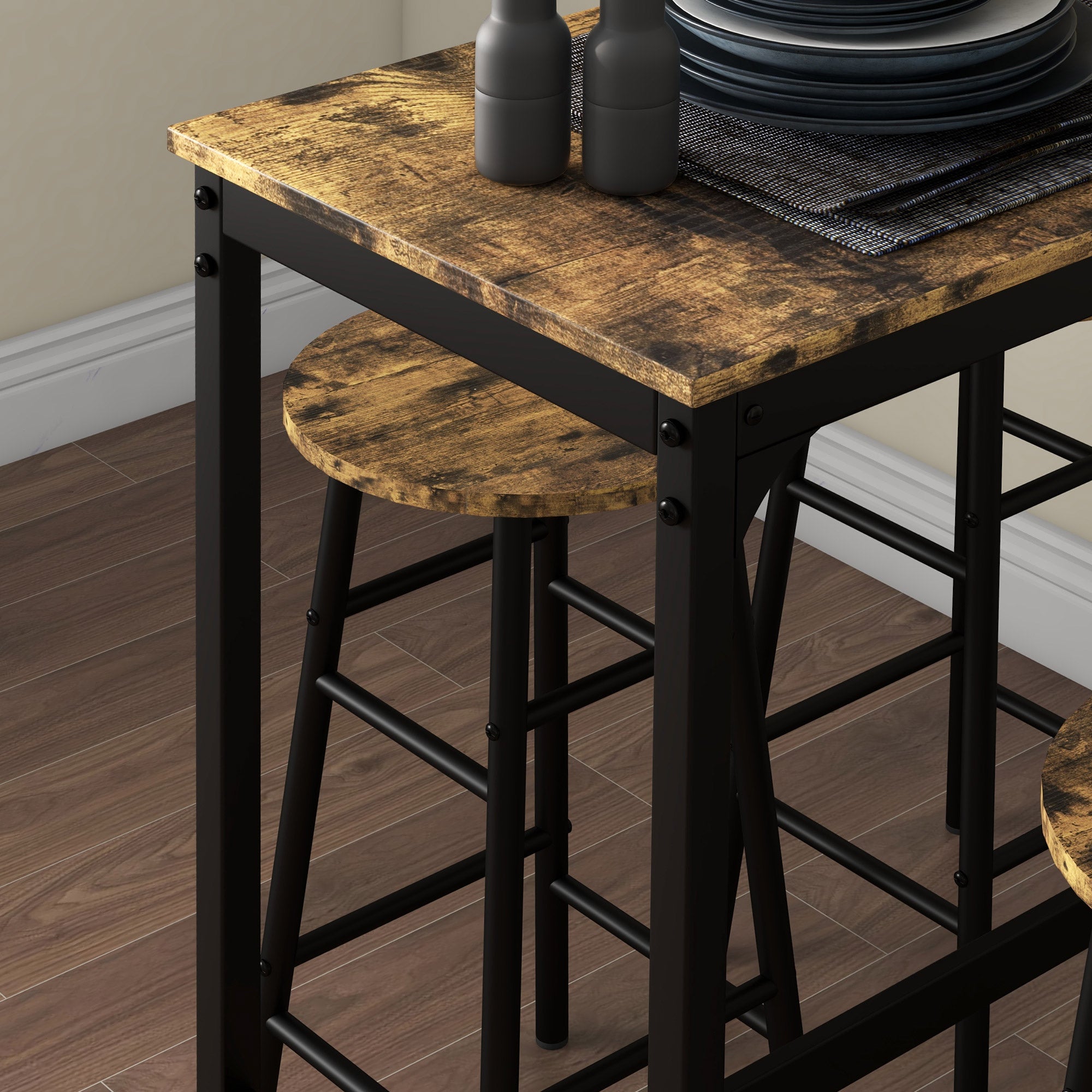 HOMCOM 5 Piece Bar Table Set with 4 Stools, Industrial Bar Table and Stool Set, Dining Table and Chair Set for Small Space, Rustic Brown