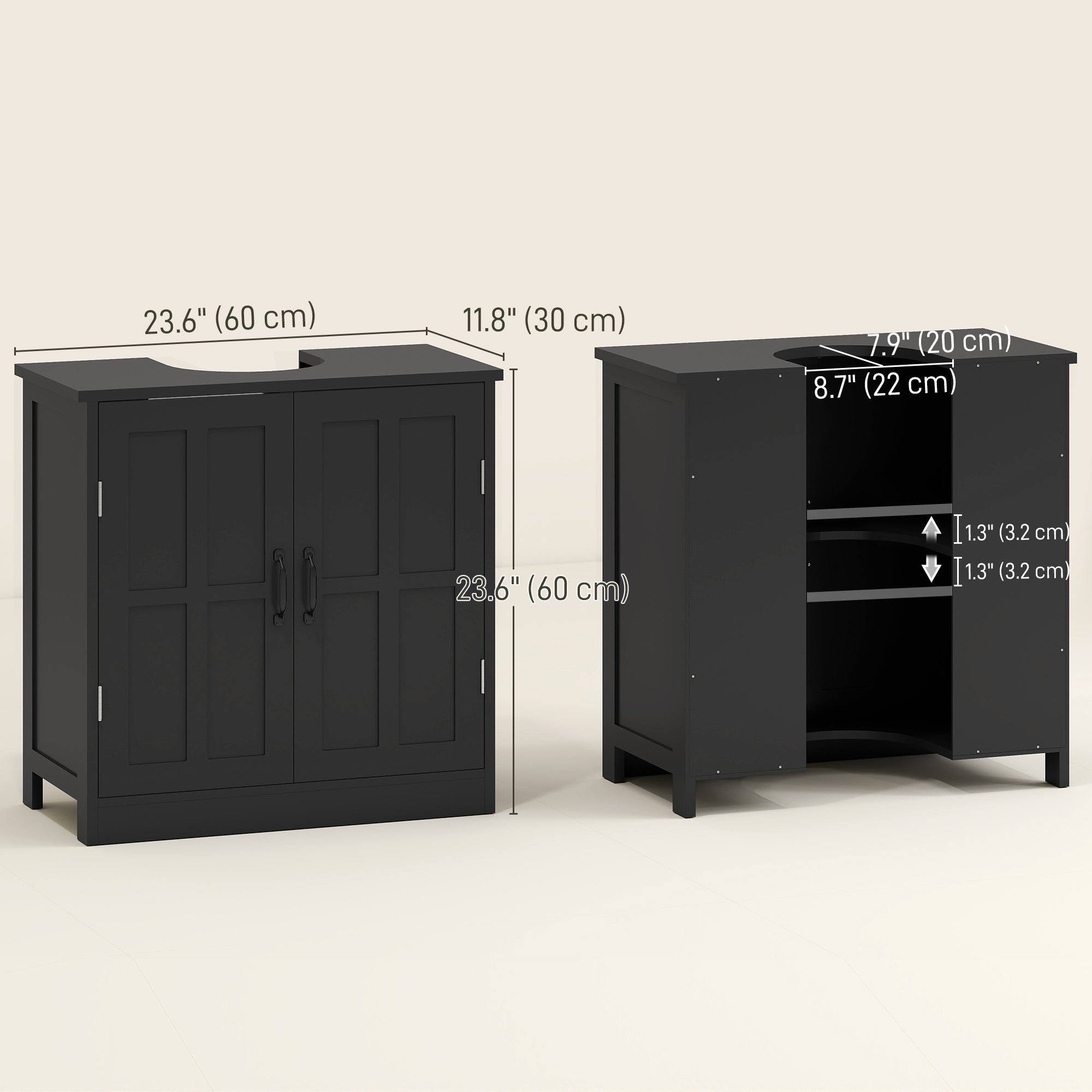Pedestal Under Sink Cabinet, Bathroom Vanity Cabinet Storage with Double Doors and Adjustable Shelf, Black