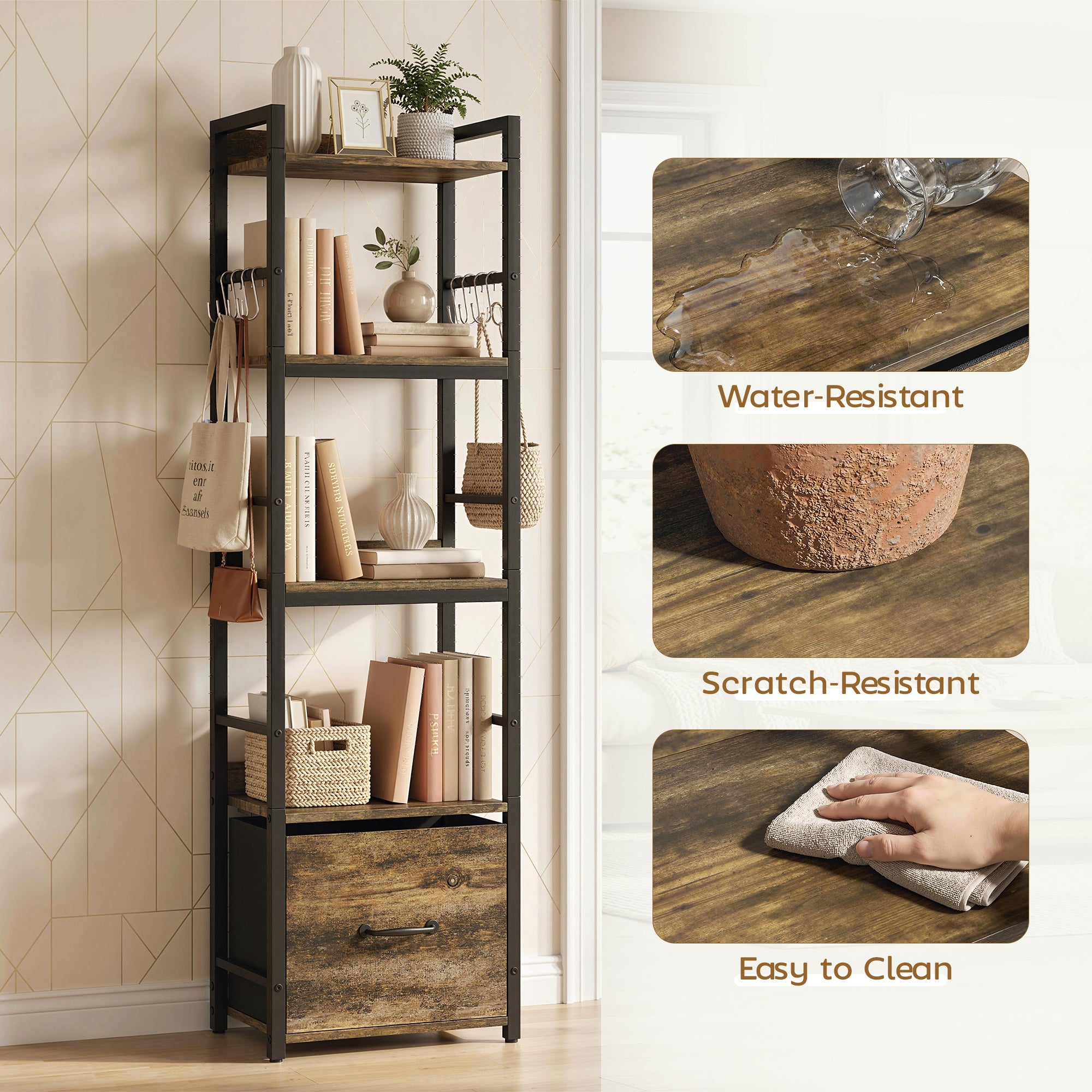 4-Tier Bookshelf, Narrow Bookcase with Drawer, 8 Hooks, Metal Frame, Shelving Unit for Living Room, Bedroom, Home Office, 39 x 26 x 136.5 cm, Rustic Brown