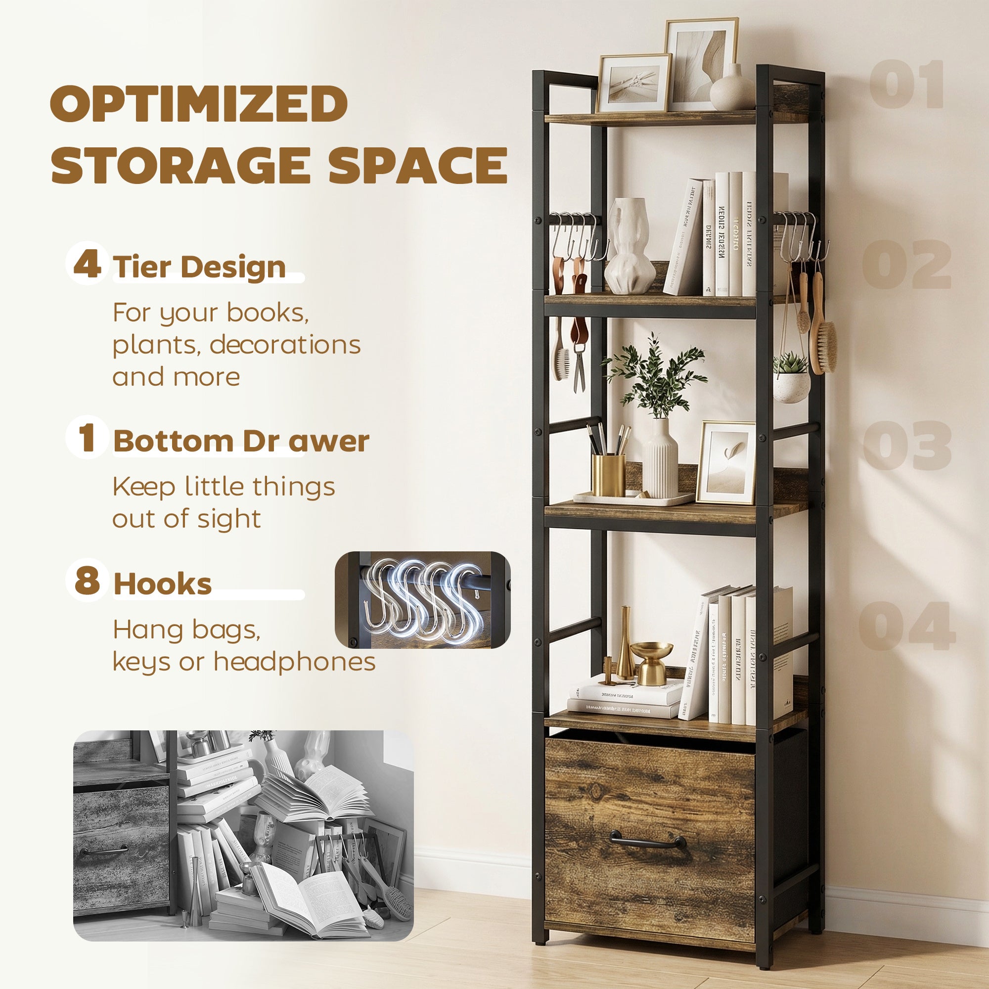 4-Tier Bookshelf, Narrow Bookcase with Drawer, 8 Hooks, Metal Frame, Shelving Unit for Living Room, Bedroom, Home Office, 39 x 26 x 136.5 cm, Rustic Brown