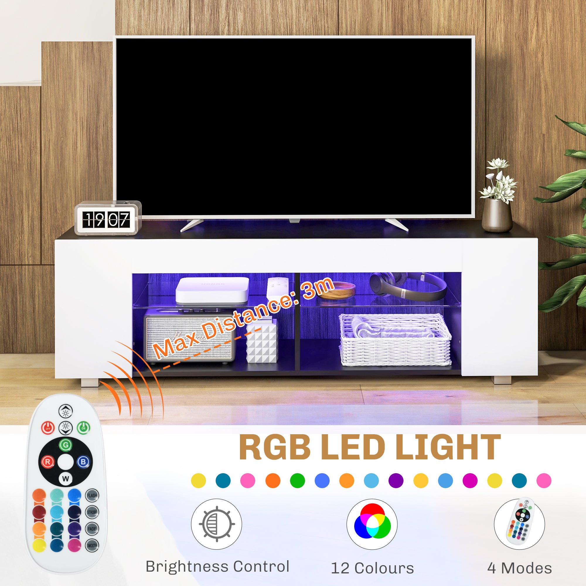 HOMCOM TV Stand Cabinet, 145cm Modern TV Unit with Glass Shelves, RGB LED Light for Living Room, Entertainment Unit for 32 40 43 50 52 55 60 inch 4k TV, White