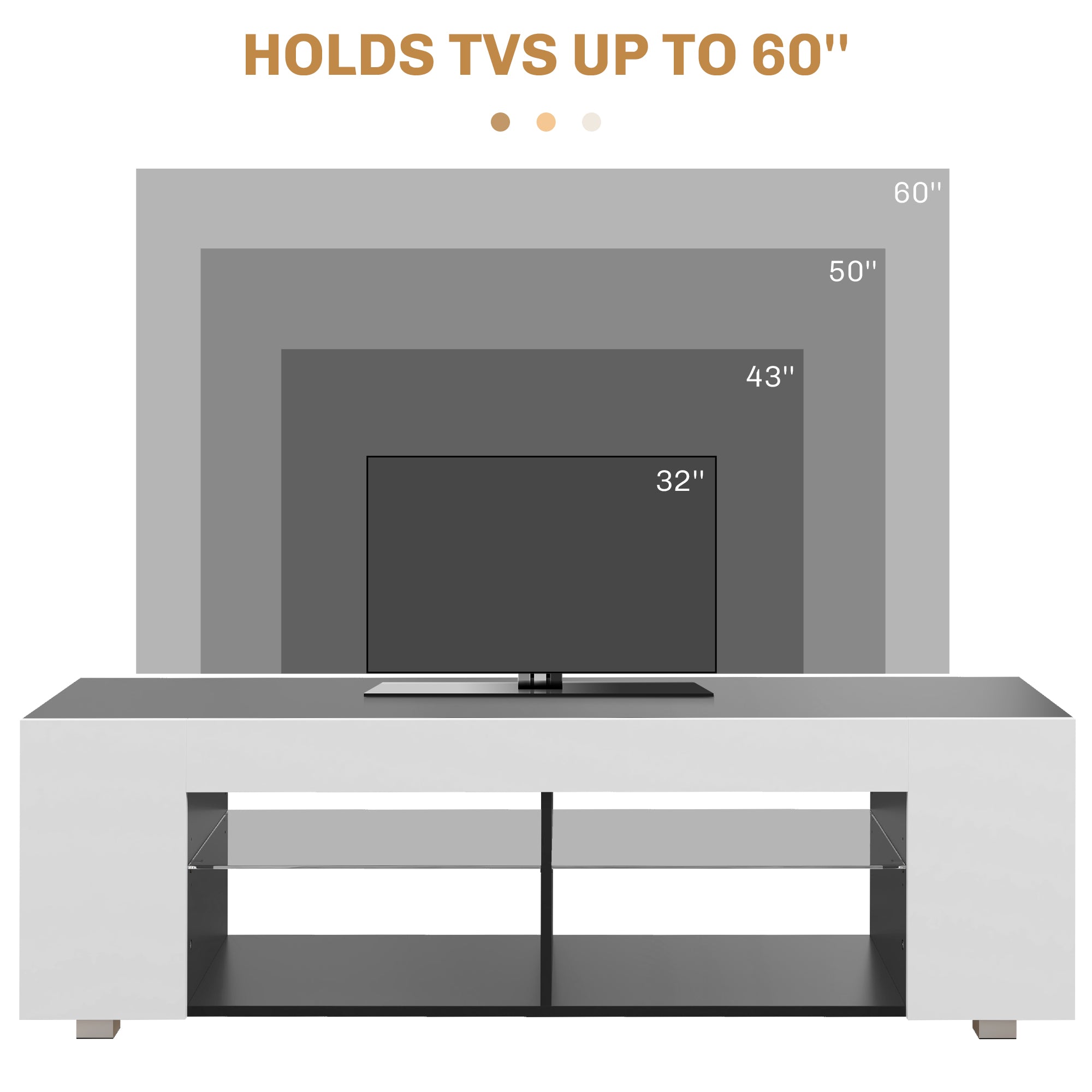 HOMCOM TV Stand Cabinet, 145cm Modern TV Unit with Glass Shelves, RGB LED Light for Living Room, Entertainment Unit for 32 40 43 50 52 55 60 inch 4k TV, White